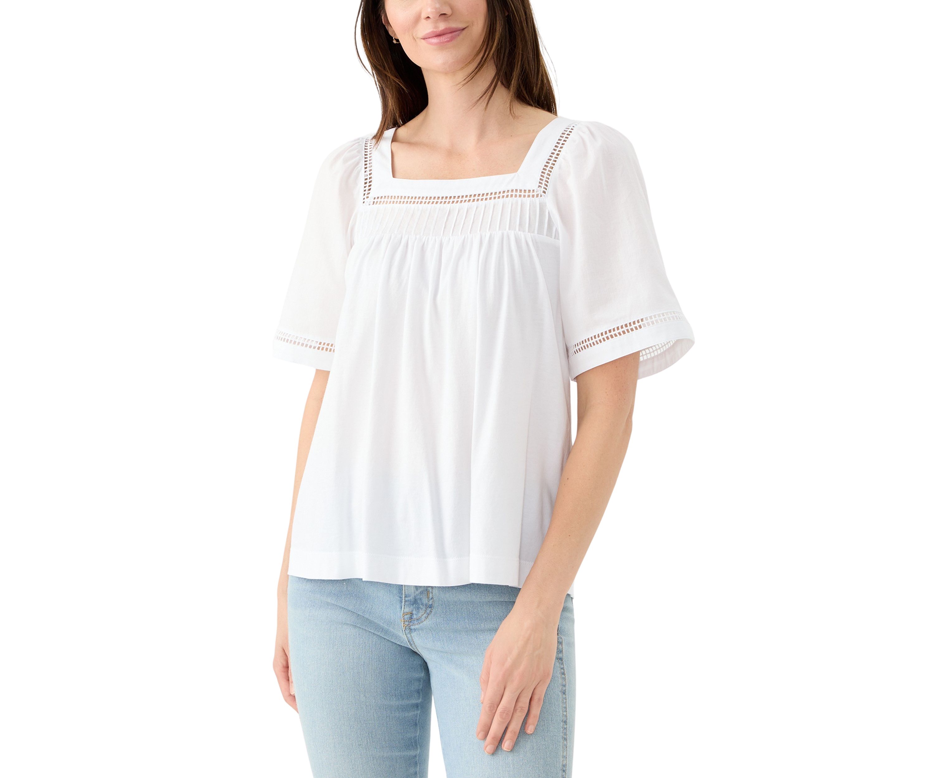 Womens Flare Sleeve Embroidered Square Neck Woven Top 