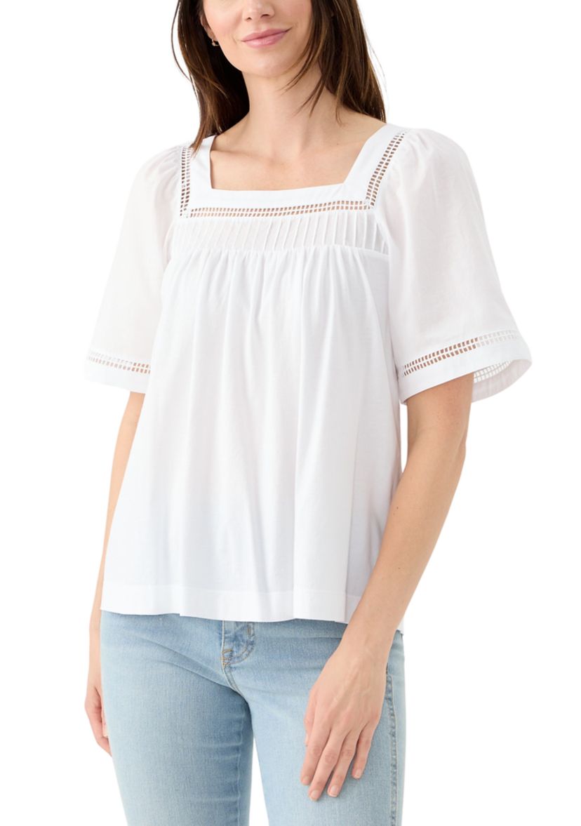 Womens Flare Sleeve Embroidered Square Neck Woven Top 