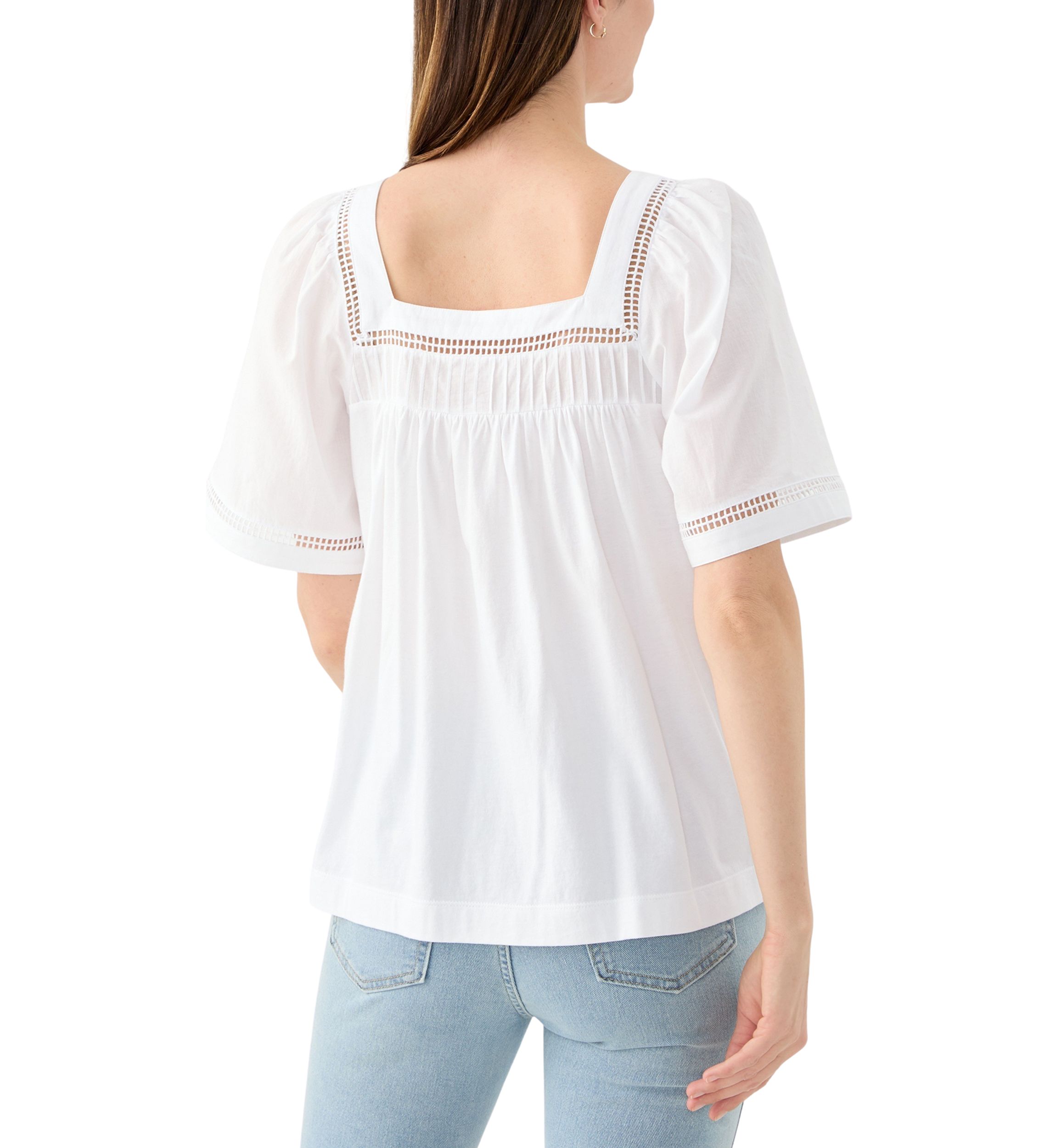 Womens Flare Sleeve Embroidered Square Neck Woven Top 
