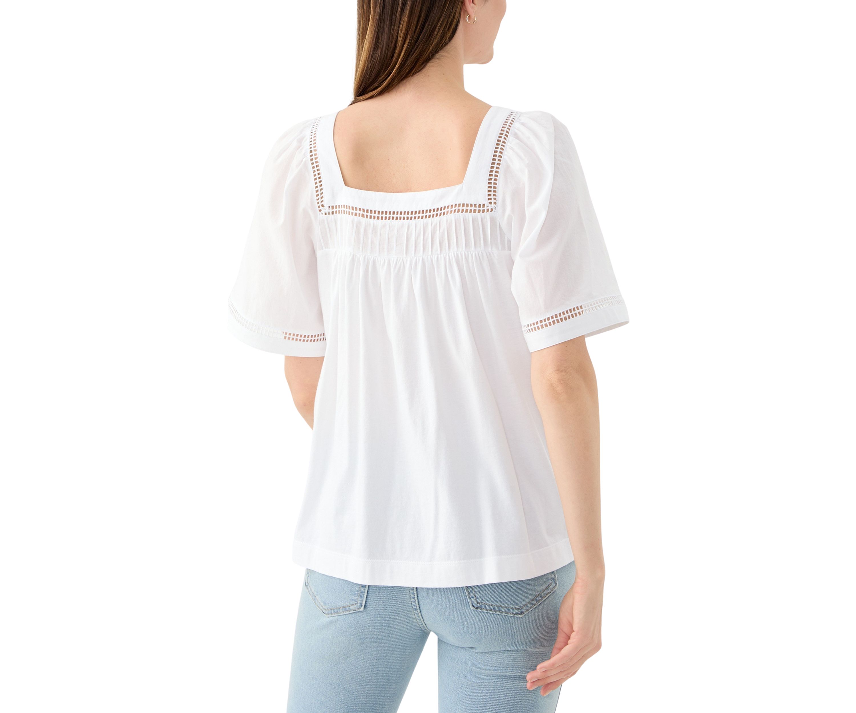 Womens Flare Sleeve Embroidered Square Neck Woven Top 