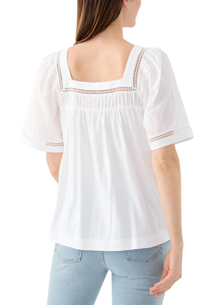 Womens Flare Sleeve Embroidered Square Neck Woven Top 