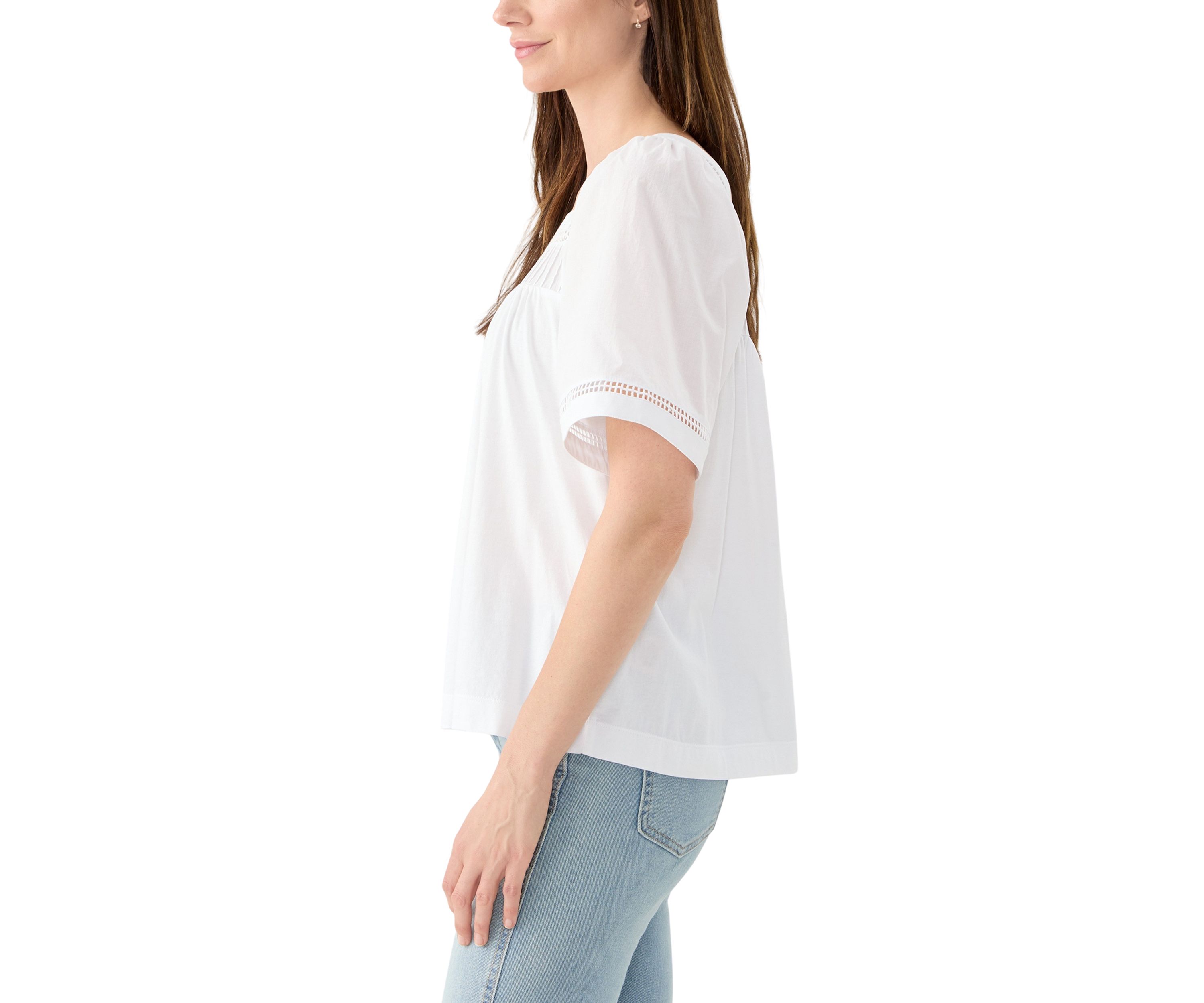 Womens Flare Sleeve Embroidered Square Neck Woven Top 