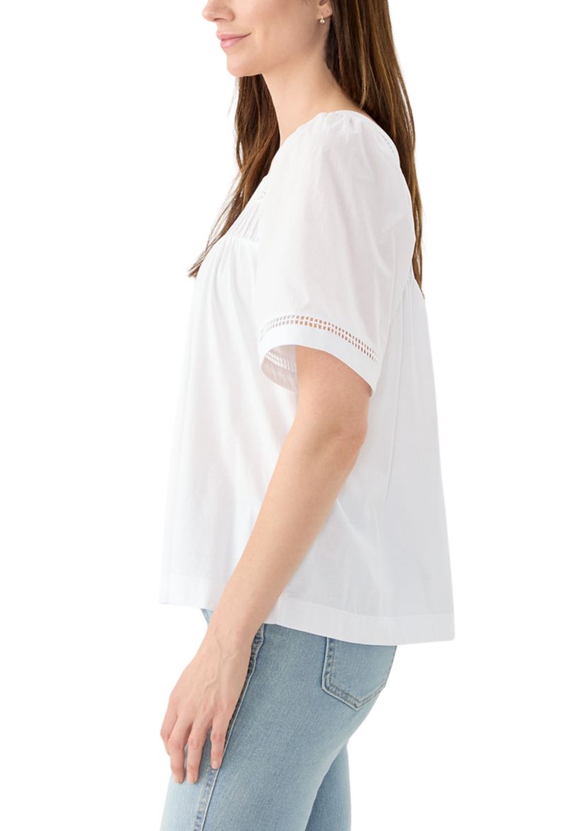 Womens Flare Sleeve Embroidered Square Neck Woven Top 