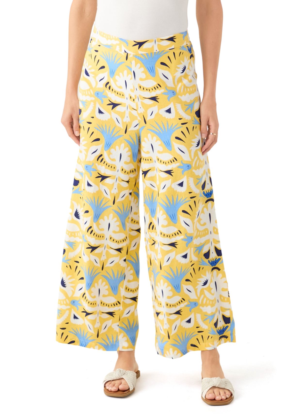 Womens Printed Wide Leg Linen Blend Pants