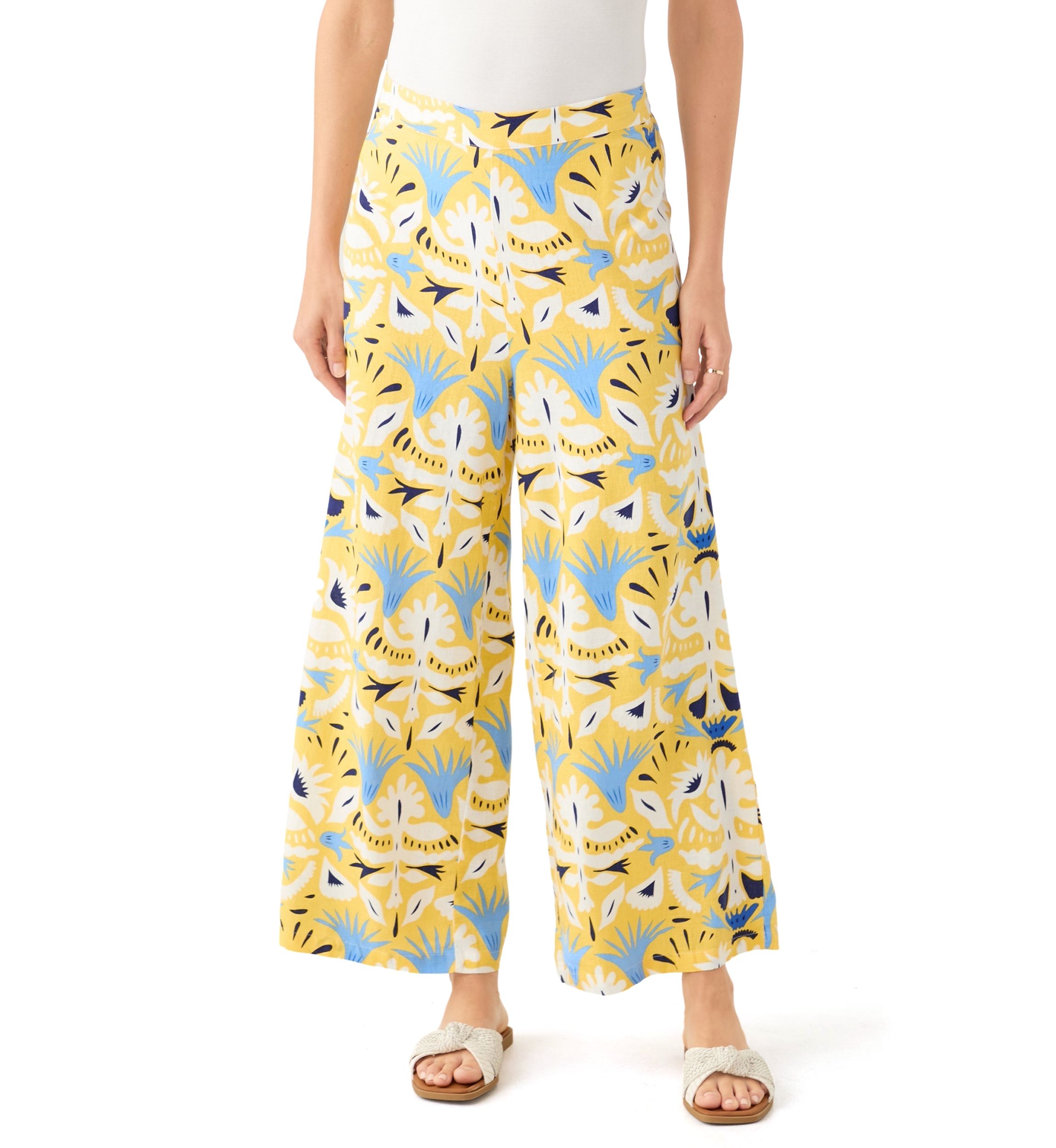 Womens Printed Wide Leg Linen Blend Pants