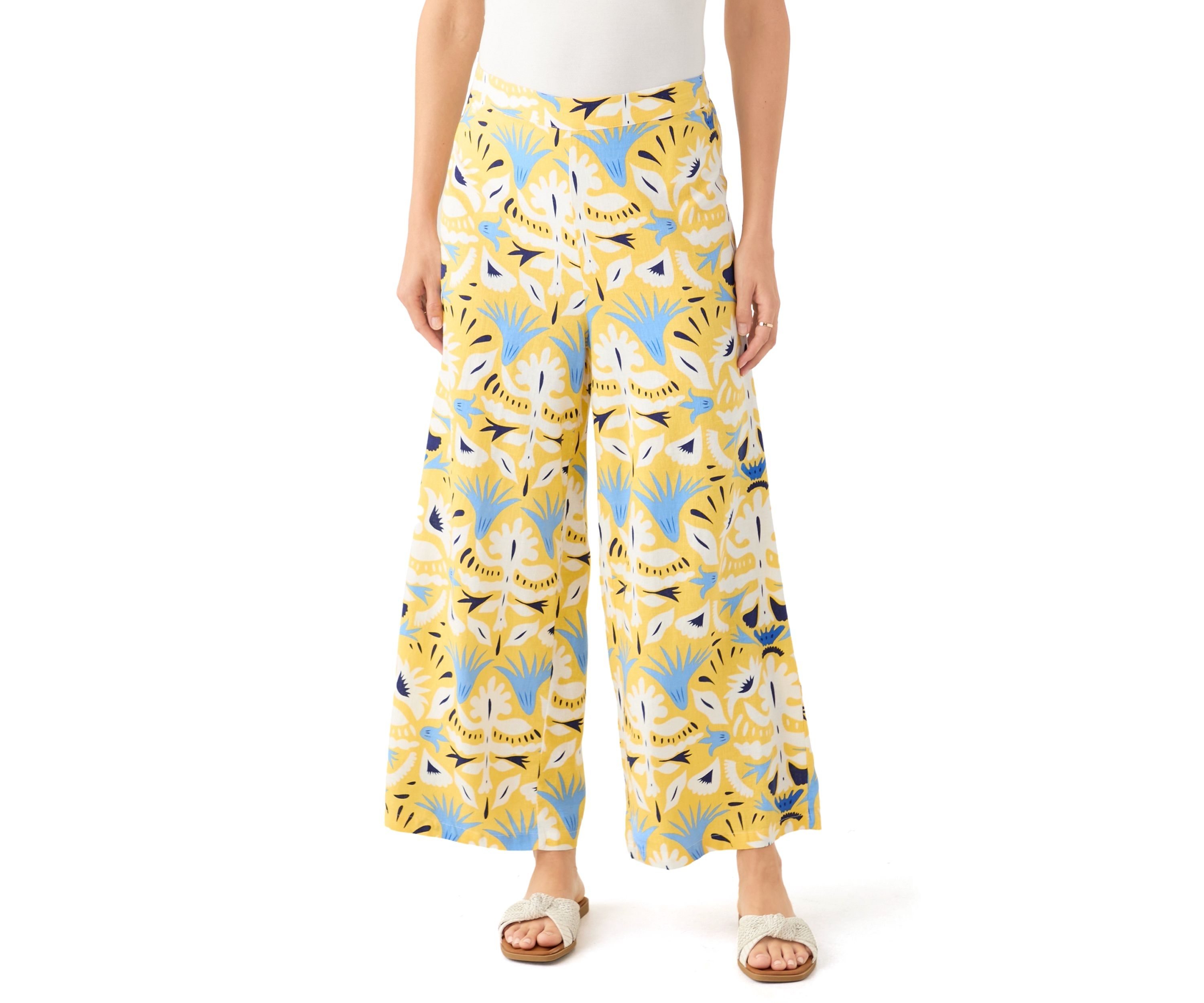 Womens Printed Wide Leg Linen Blend Pants
