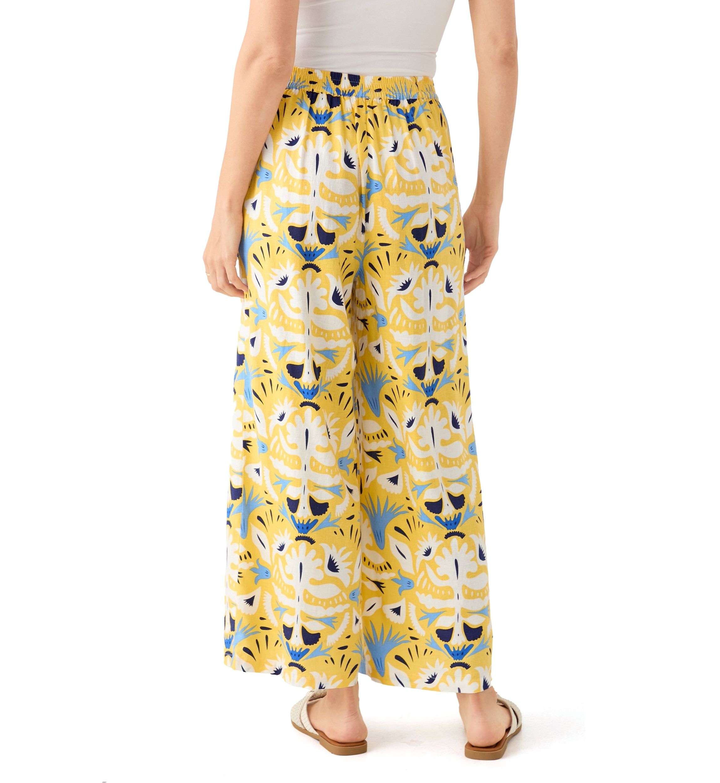 Womens Printed Wide Leg Linen Blend Pants