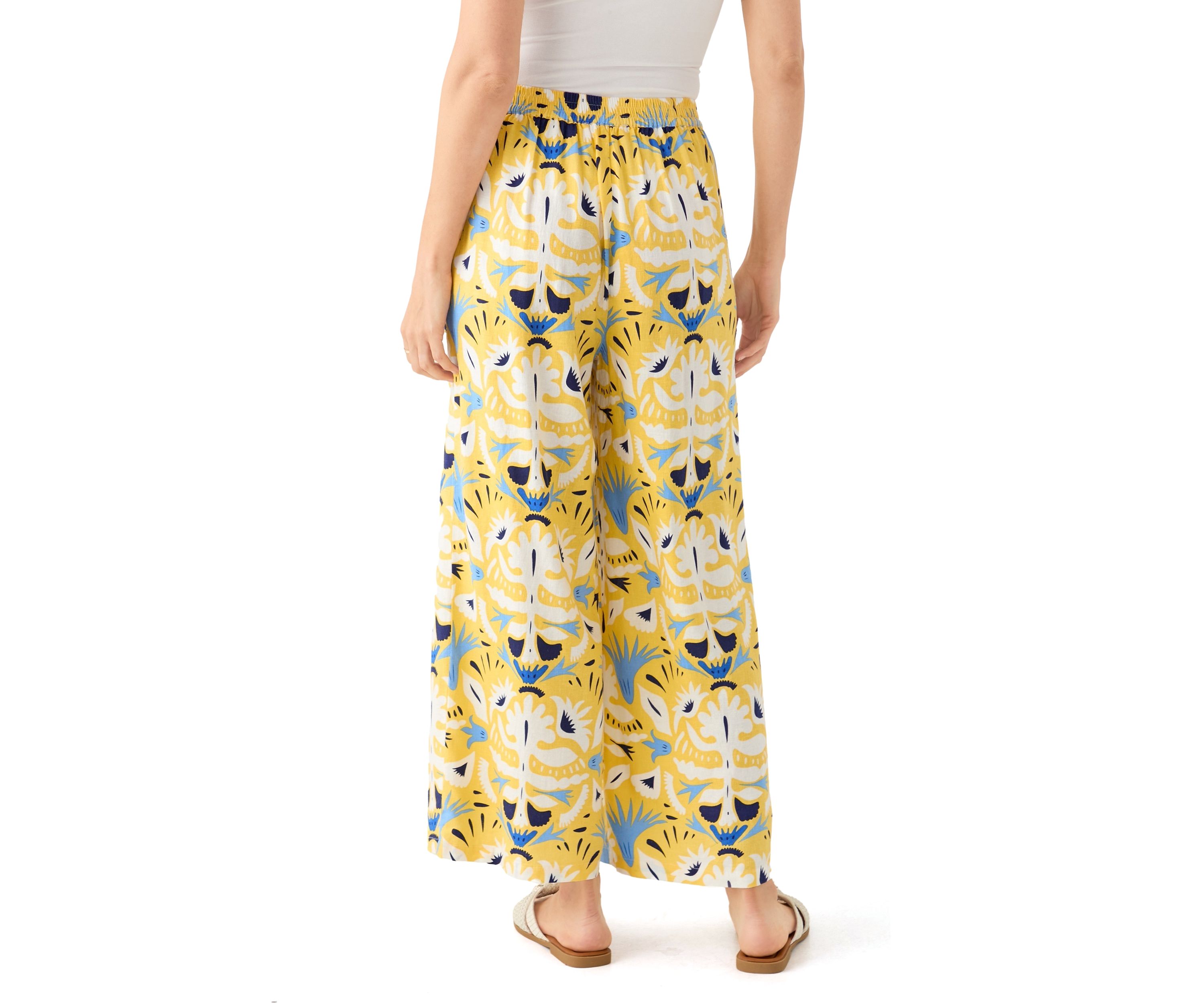 Womens Printed Wide Leg Linen Blend Pants