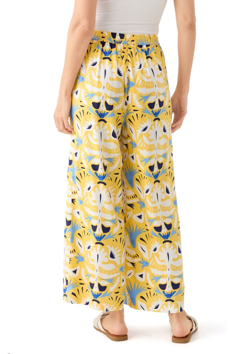 Womens Printed Wide Leg Linen Blend Pants