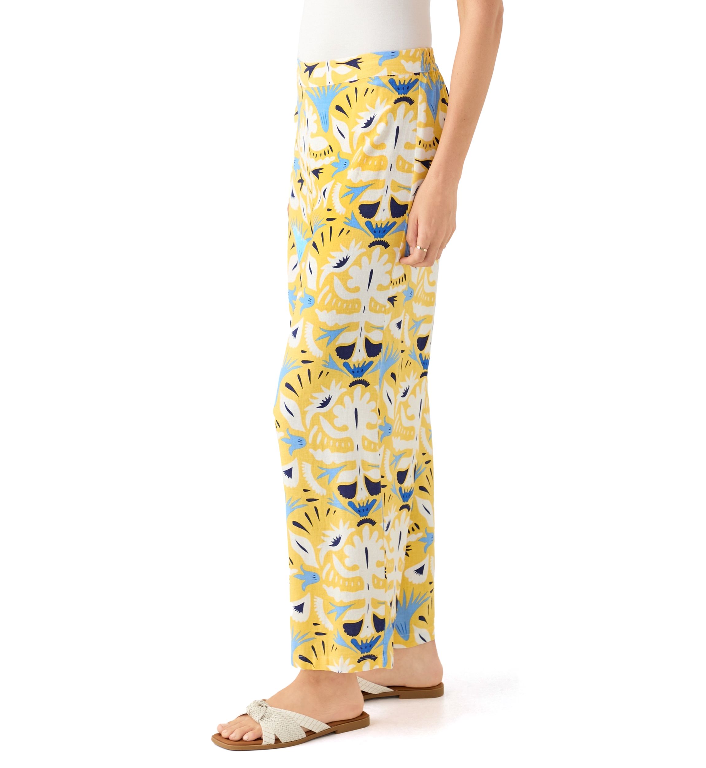 Womens Printed Wide Leg Linen Blend Pants