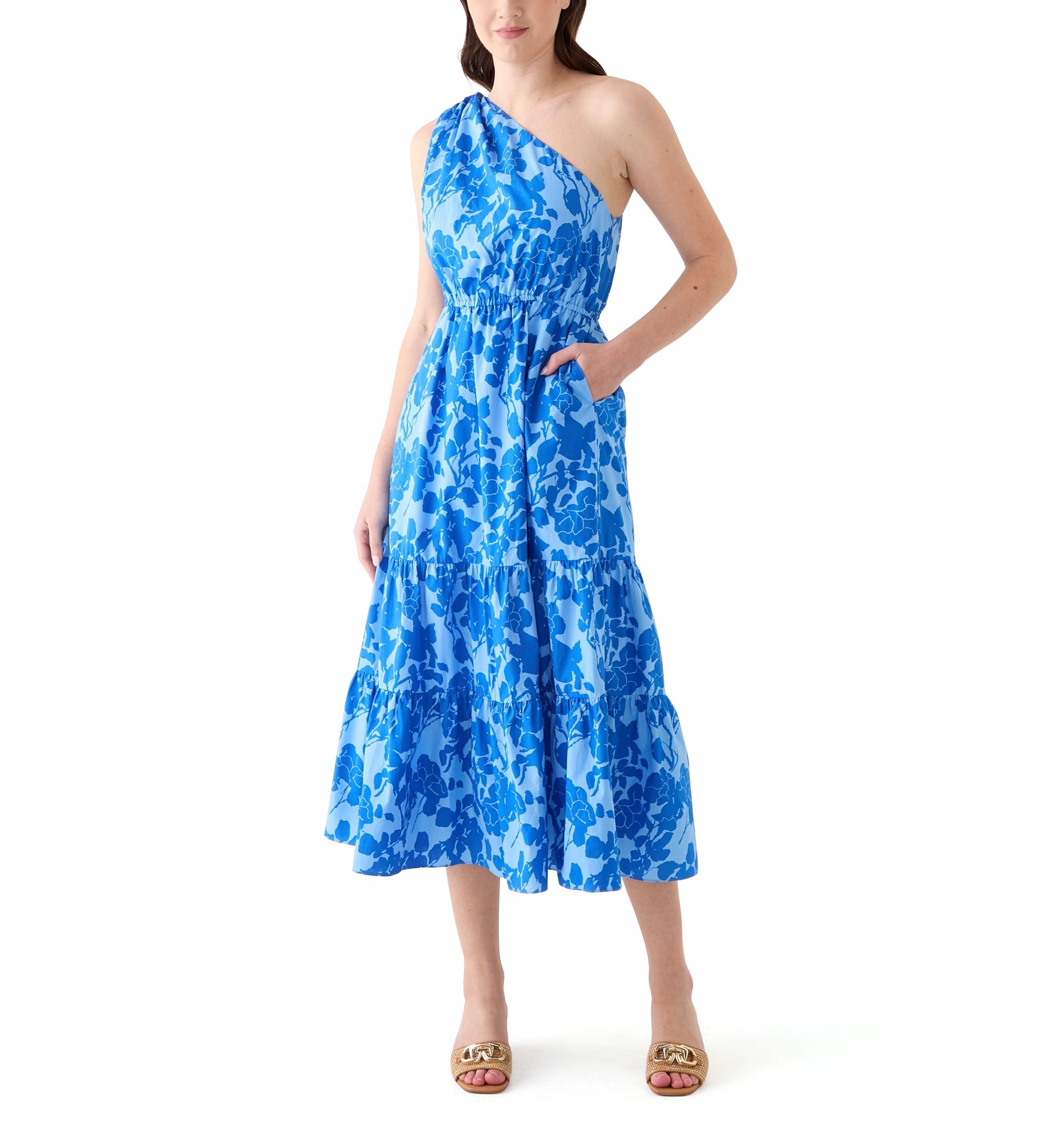Womens One Shoulder Tiered Printed Midi Dress