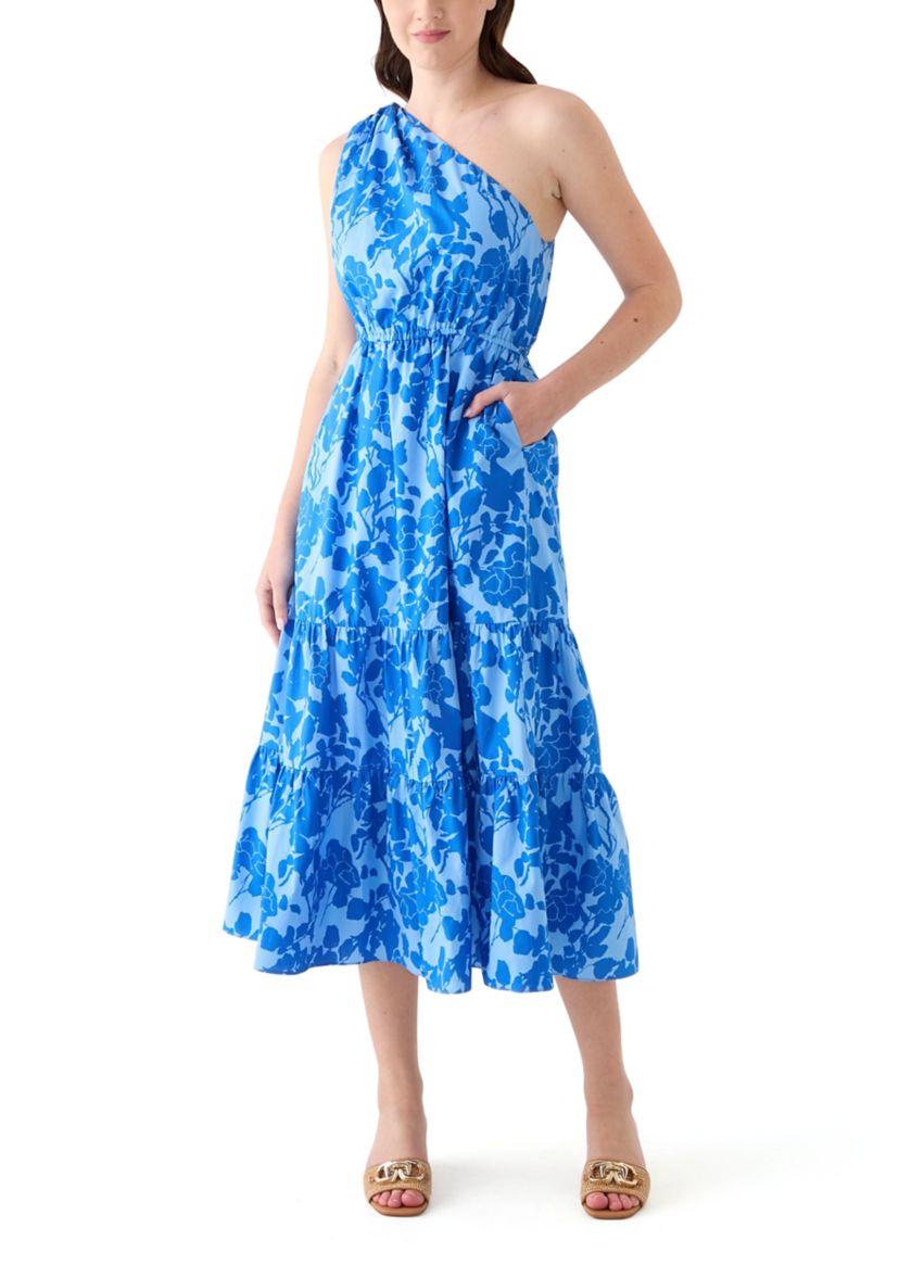 Womens One Shoulder Tiered Printed Midi Dress