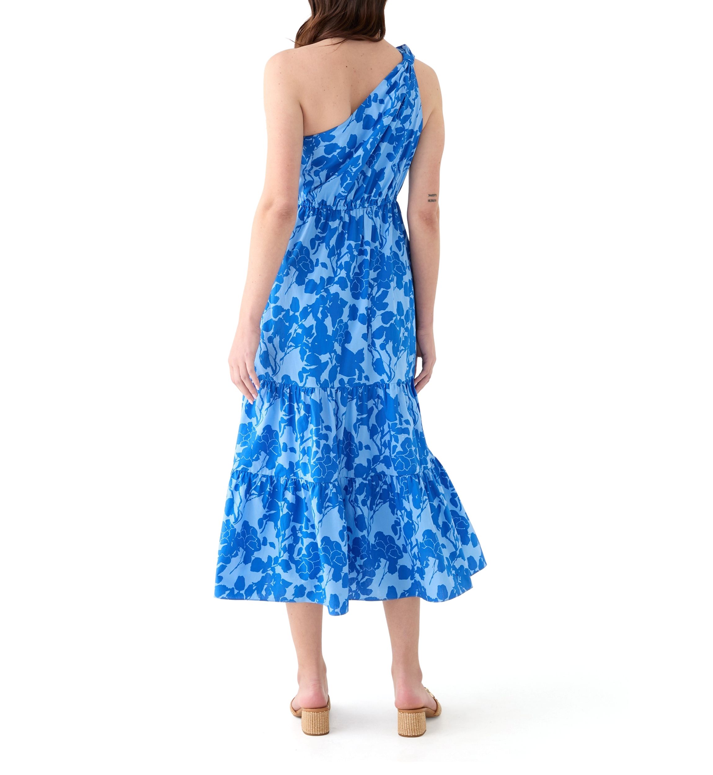 Womens One Shoulder Tiered Printed Midi Dress