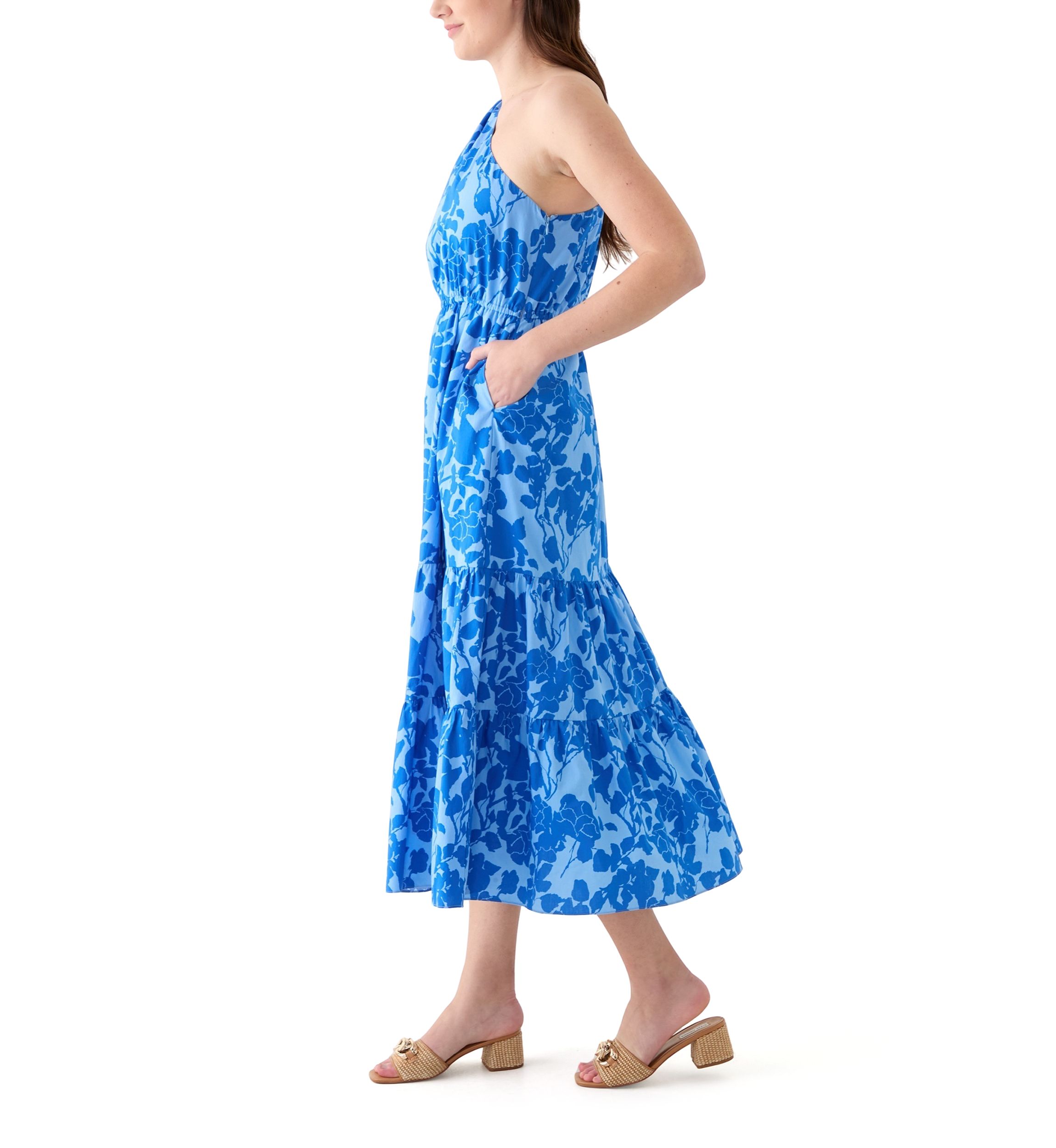 Womens One Shoulder Tiered Printed Midi Dress
