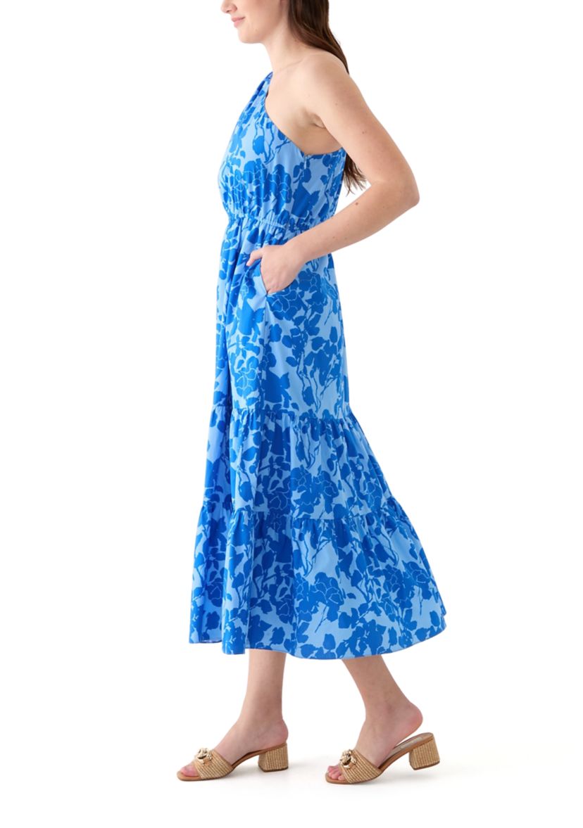 Womens One Shoulder Tiered Printed Midi Dress