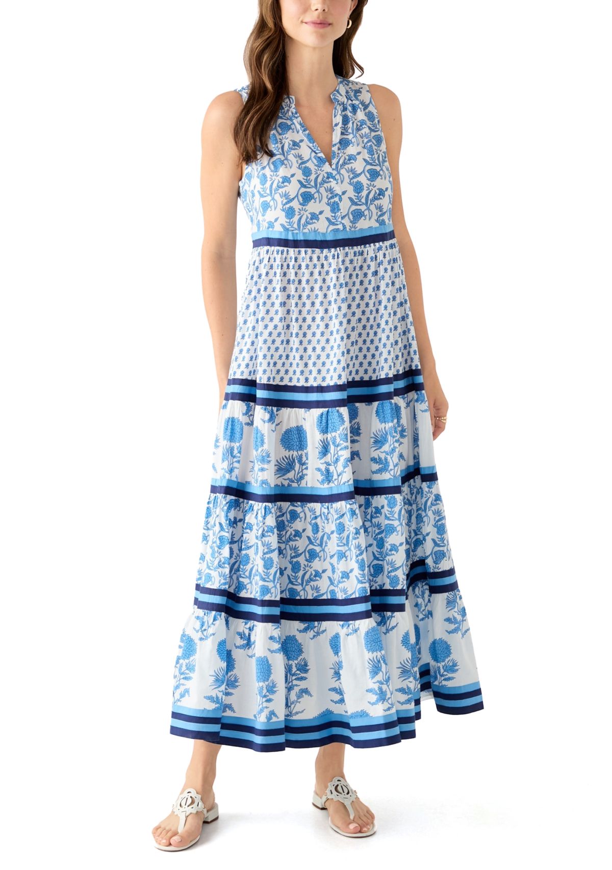 Womens Sleeveless Tiered Blocked Printed Maxi Dress