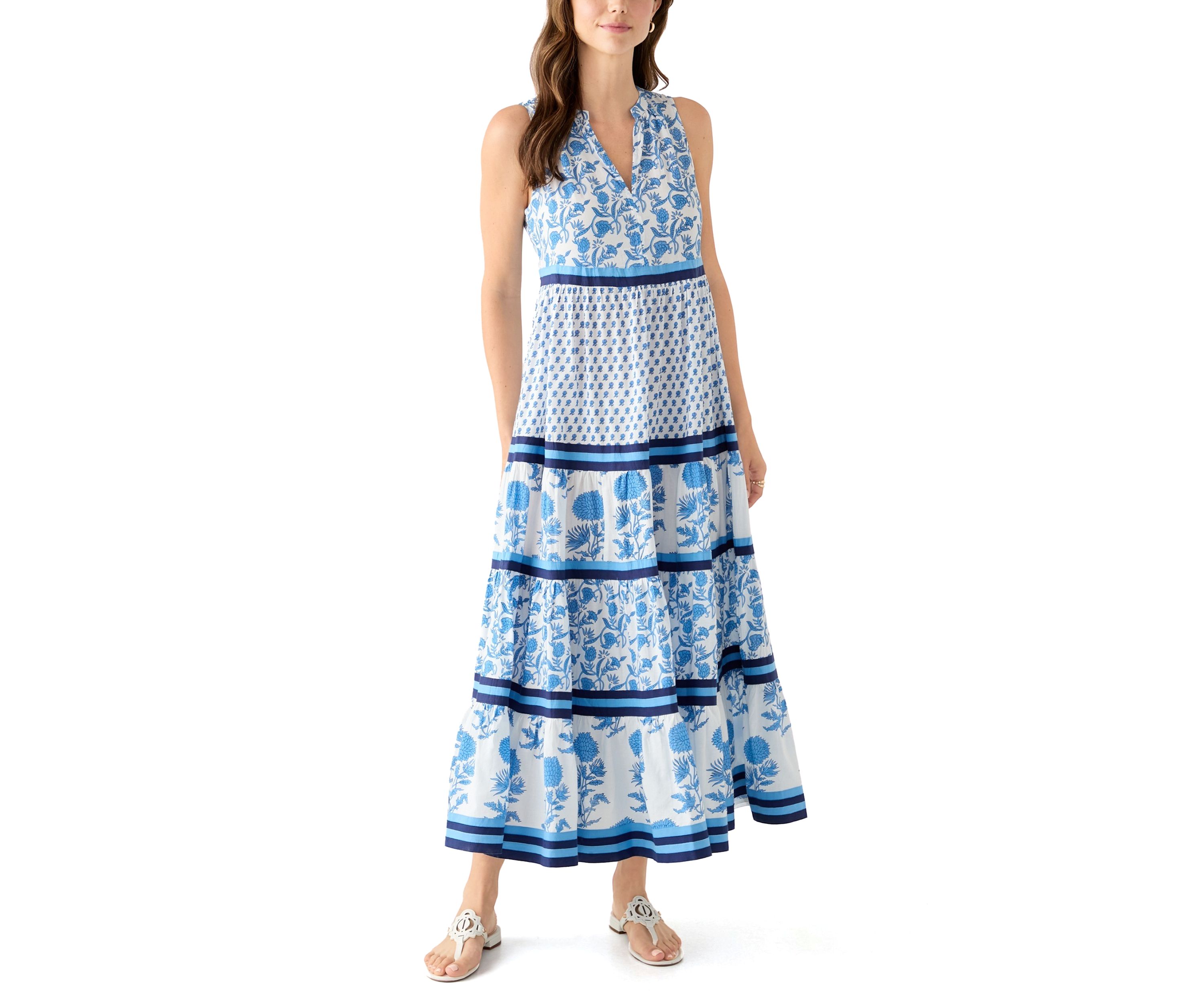 Womens Sleeveless Tiered Blocked Printed Maxi Dress