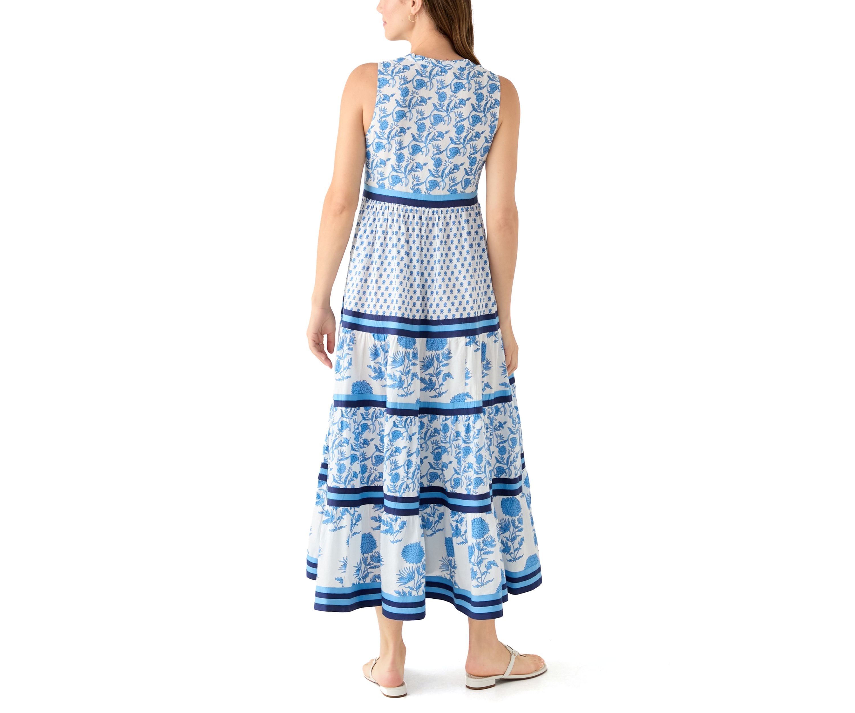 Womens Sleeveless Tiered Blocked Printed Maxi Dress