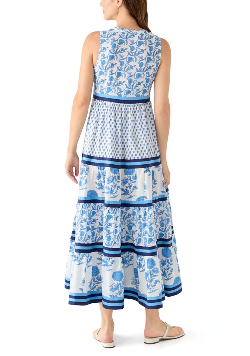 Womens Sleeveless Tiered Blocked Printed Maxi Dress