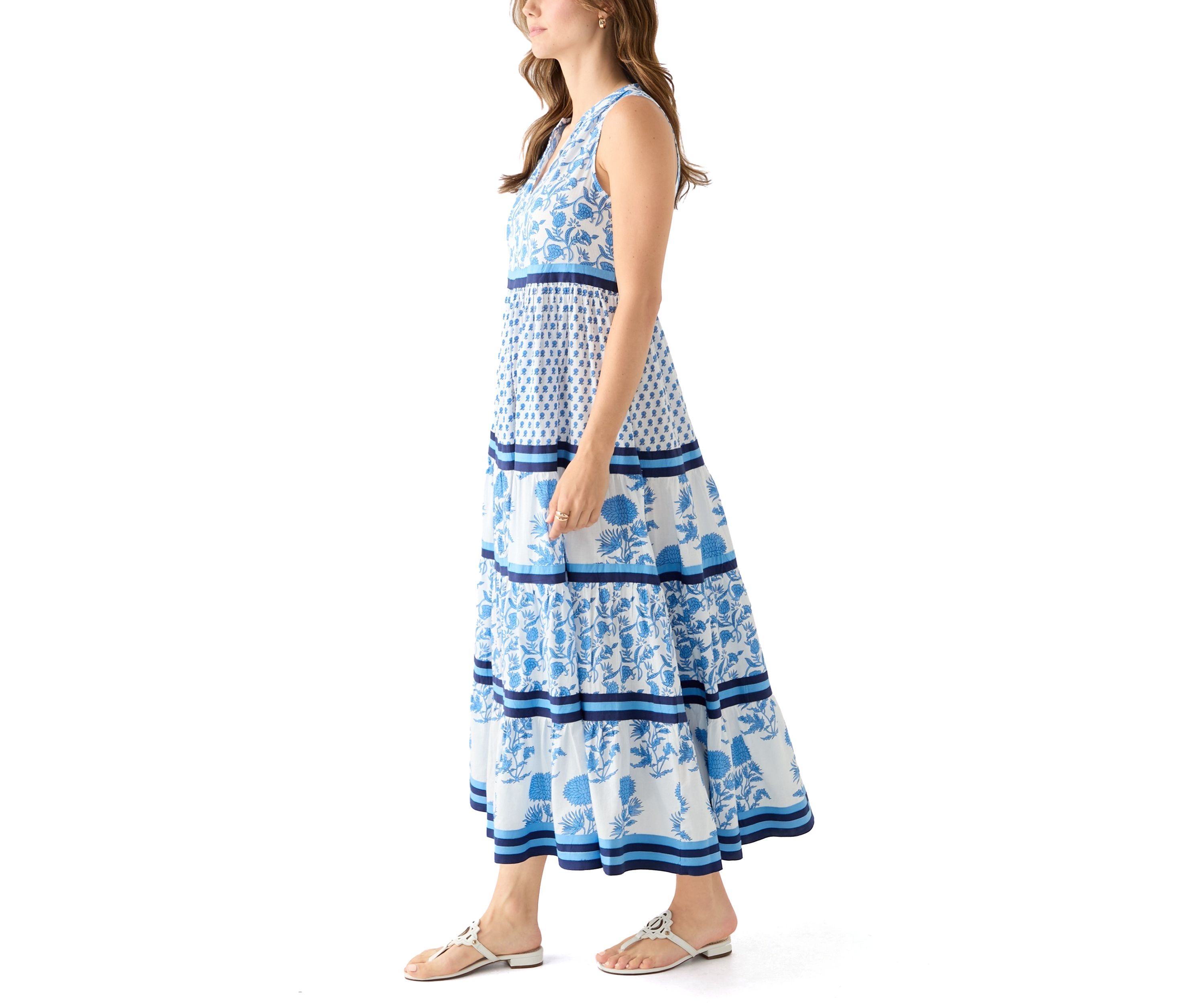 Womens Sleeveless Tiered Blocked Printed Maxi Dress