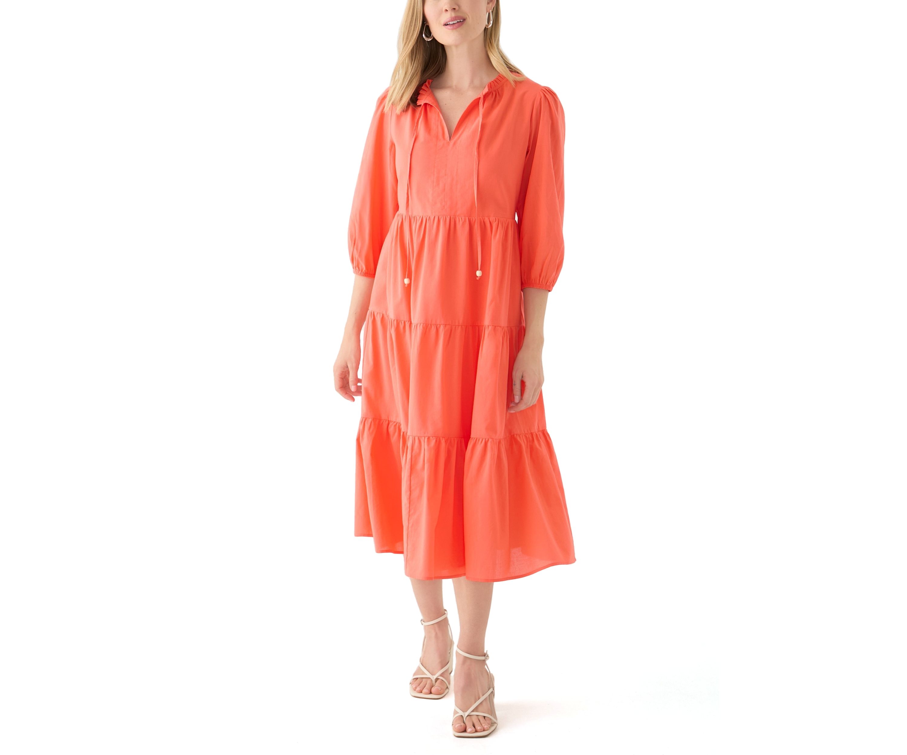 Womens 3/4 Sleeve Tiered Midi Dress