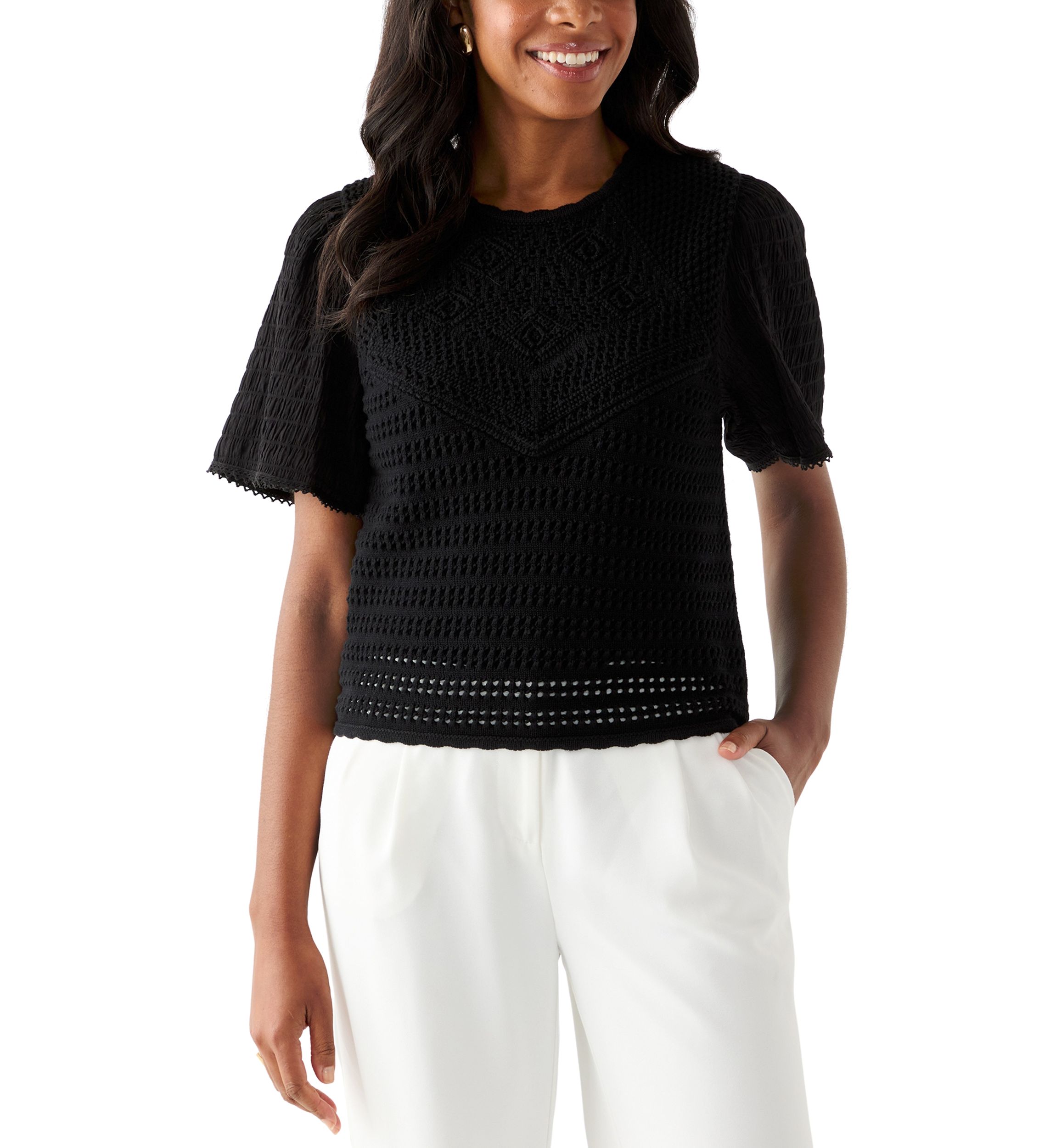 Womens Short Sleeve Crochet Sweater