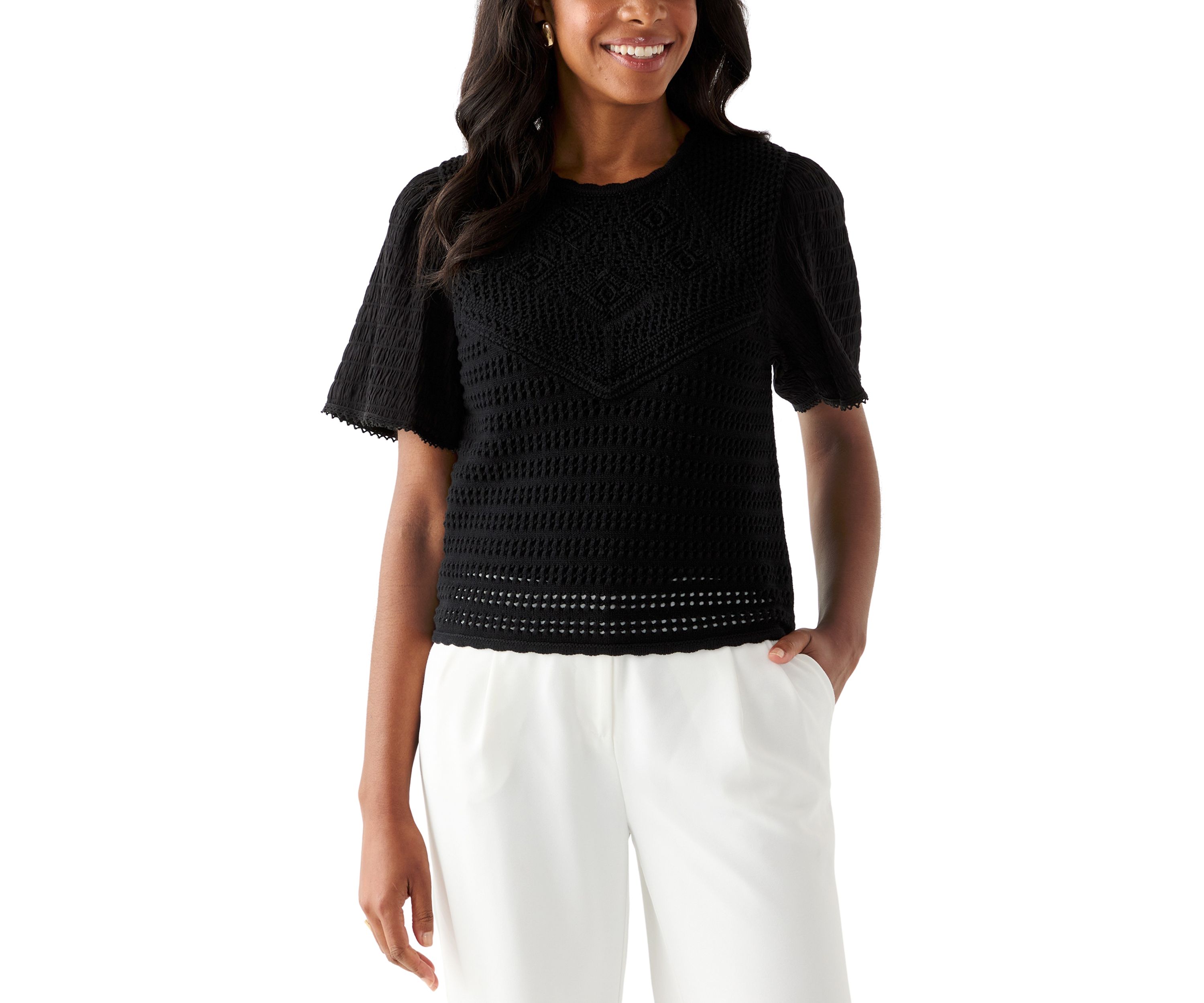 Womens Short Sleeve Crochet Sweater