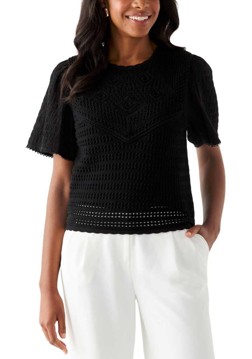 Womens Short Sleeve Crochet Sweater