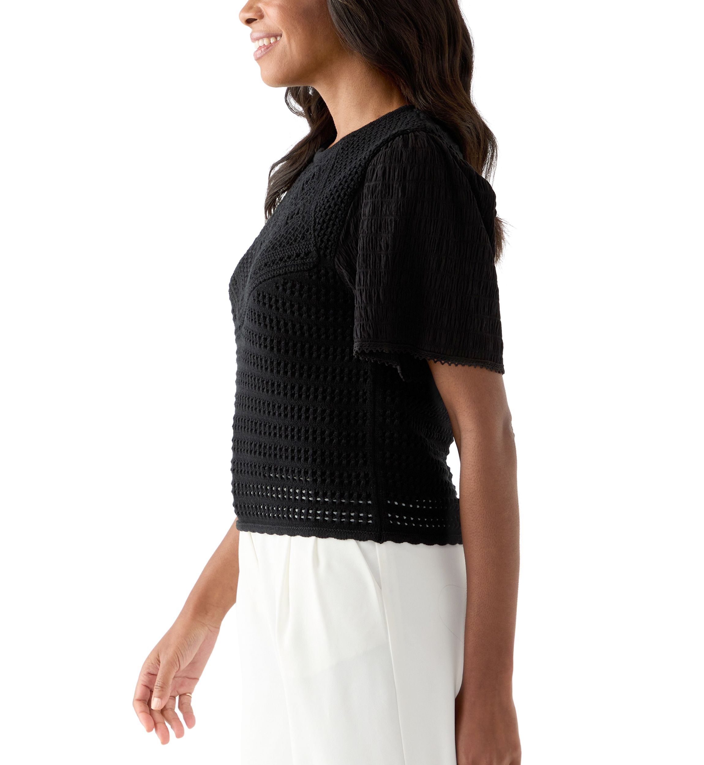 Womens Short Sleeve Crochet Sweater