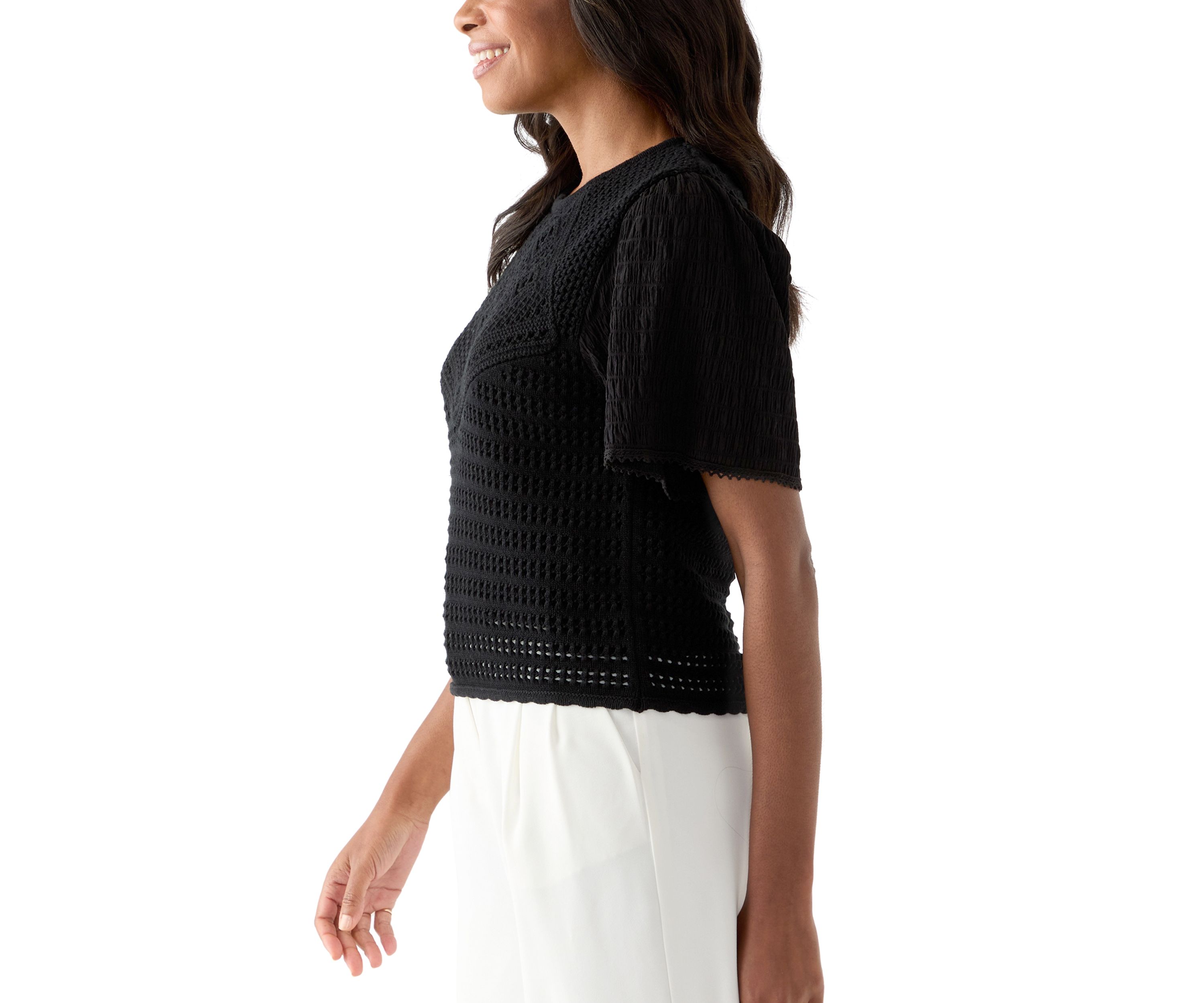 Womens Short Sleeve Crochet Sweater