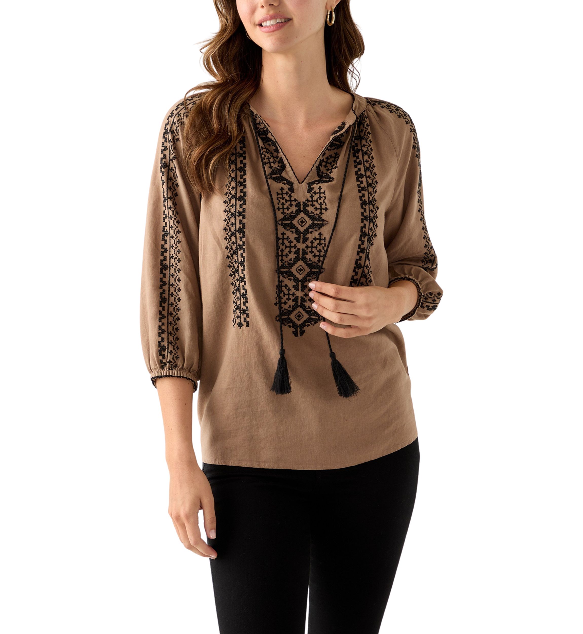 Womens Linen Blend 3/4 Sleeve Embroidered Blouse