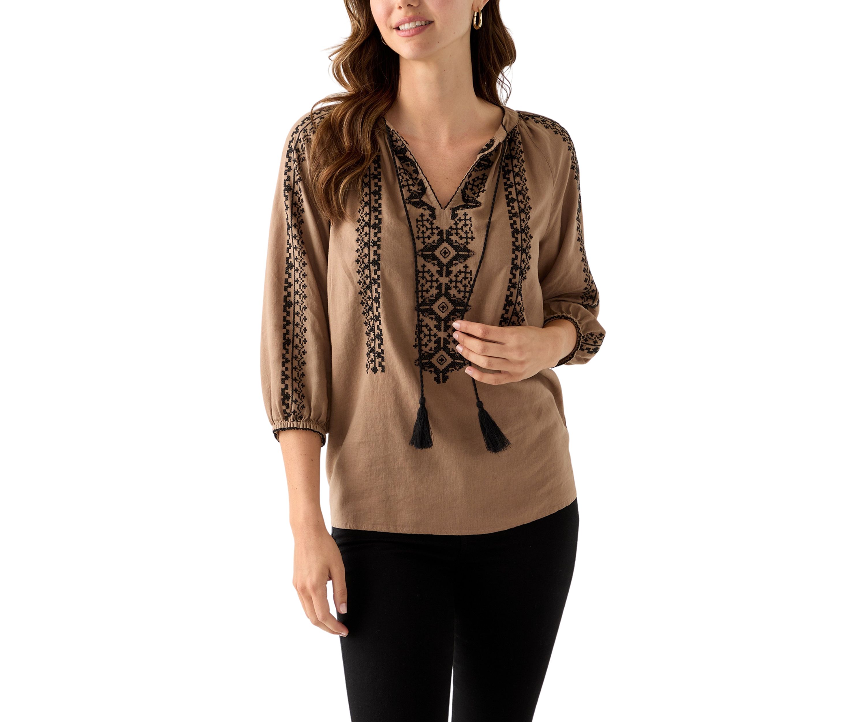 Womens Linen Blend 3/4 Sleeve Embroidered Blouse