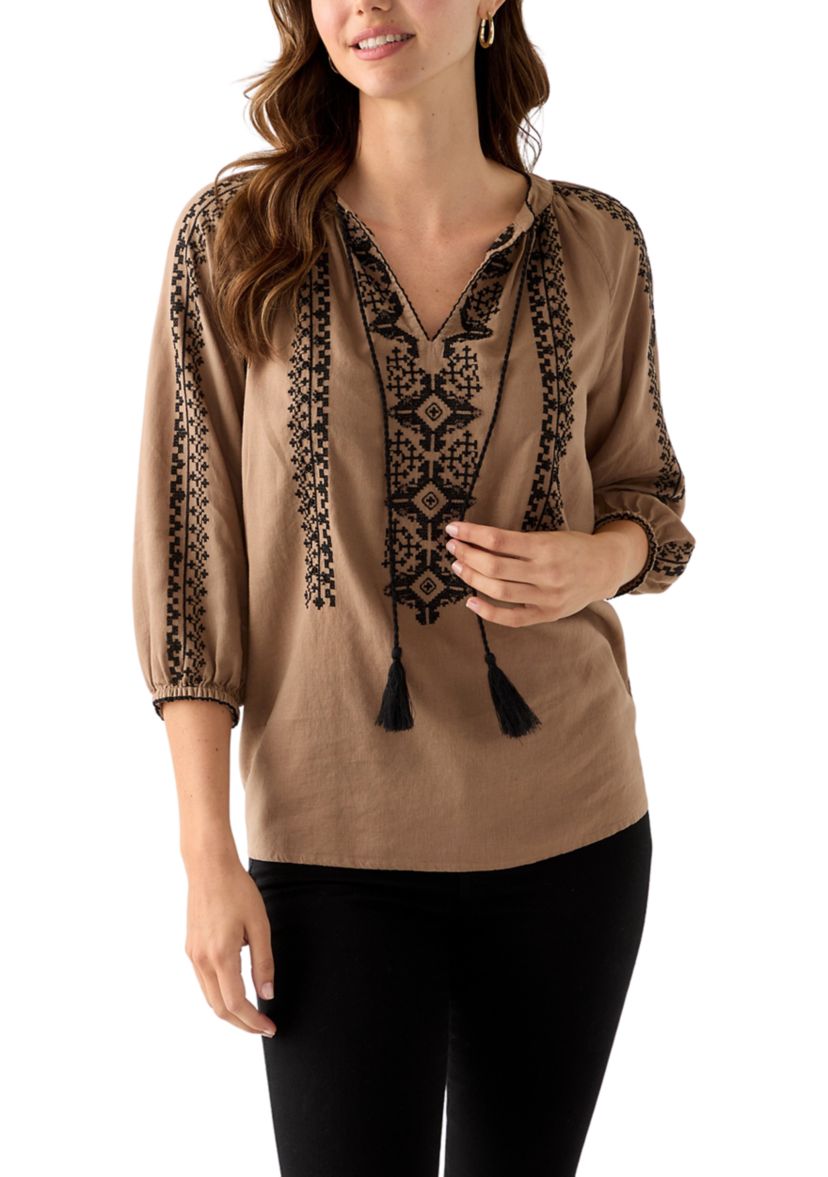 Womens Linen Blend 3/4 Sleeve Embroidered Blouse