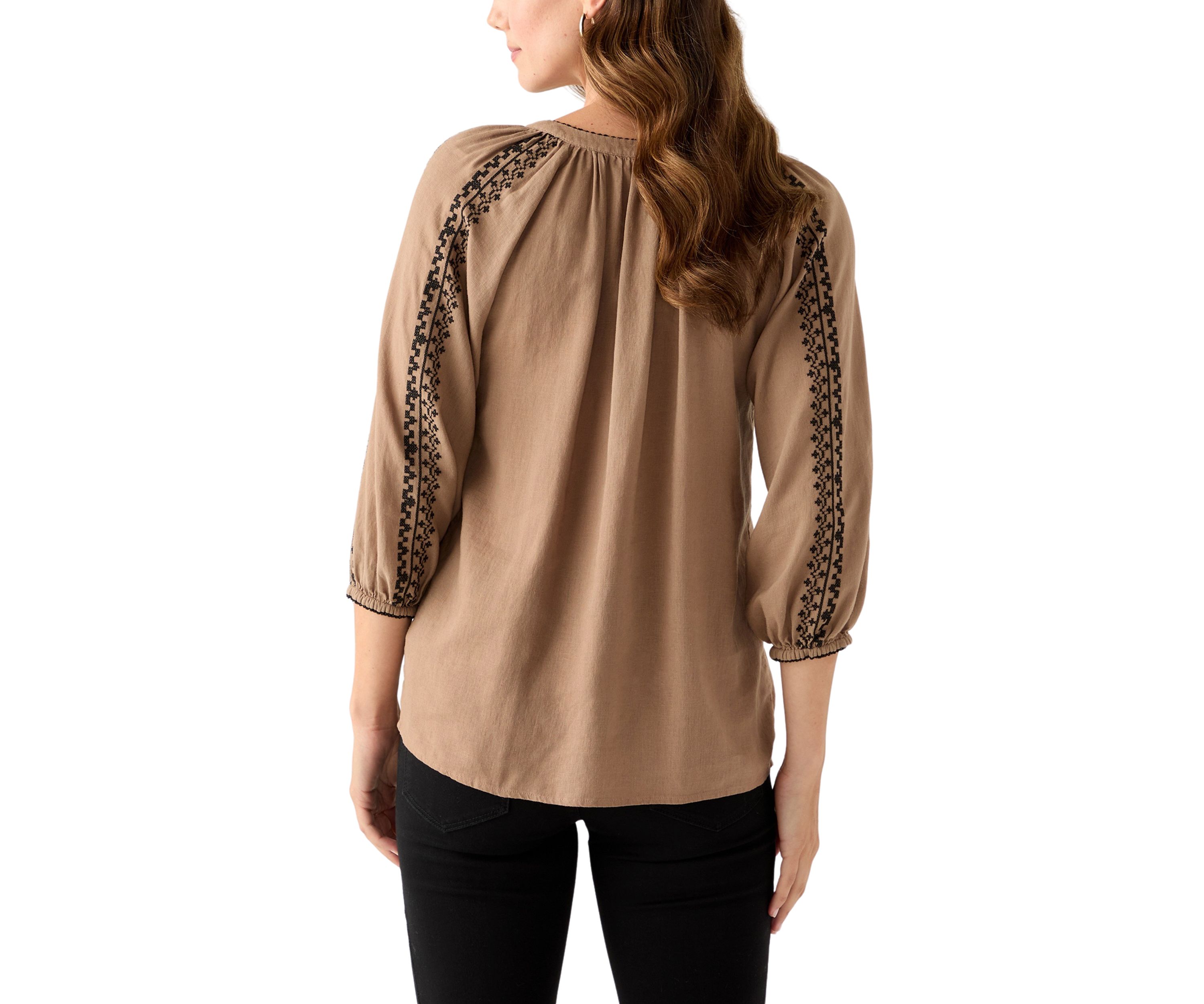Womens Linen Blend 3/4 Sleeve Embroidered Blouse