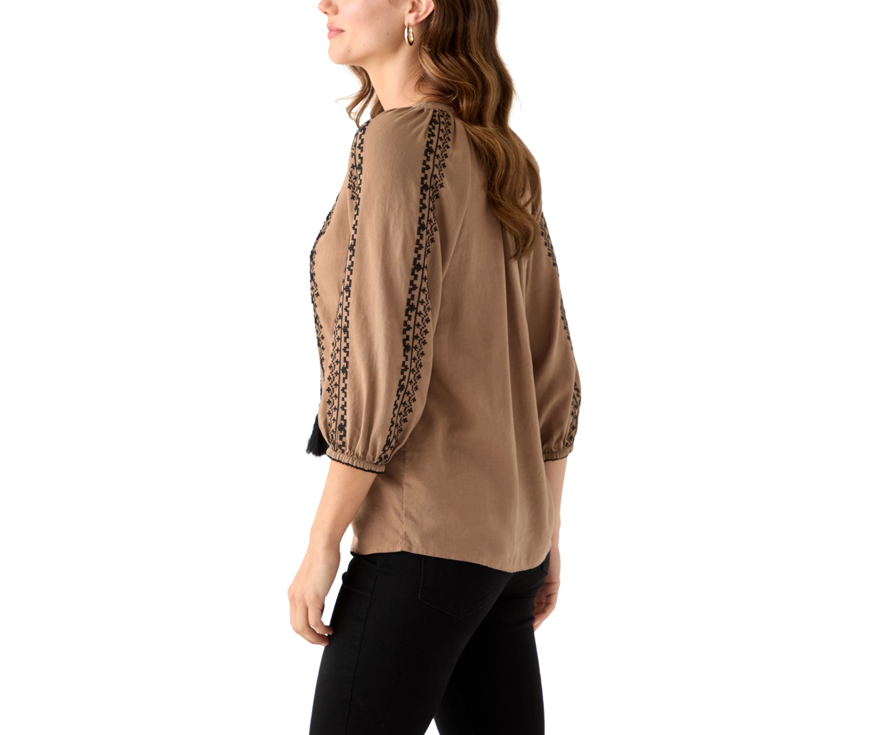 Womens Linen Blend 3/4 Sleeve Embroidered Blouse