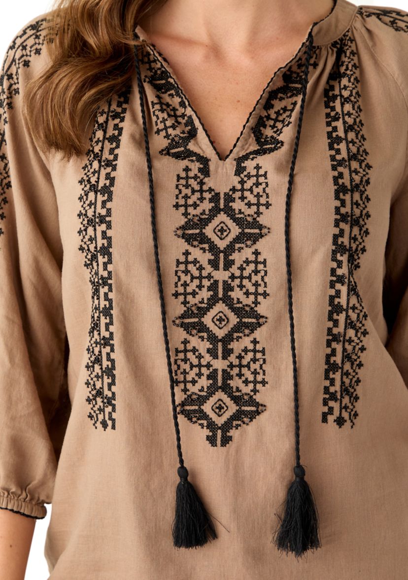 Womens Linen Blend 3/4 Sleeve Embroidered Blouse