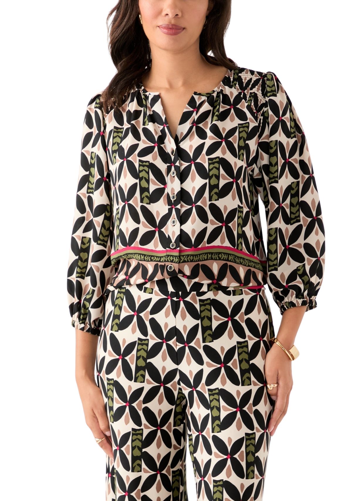 Womens Puff Sleeve Printed Split Neck Blouse