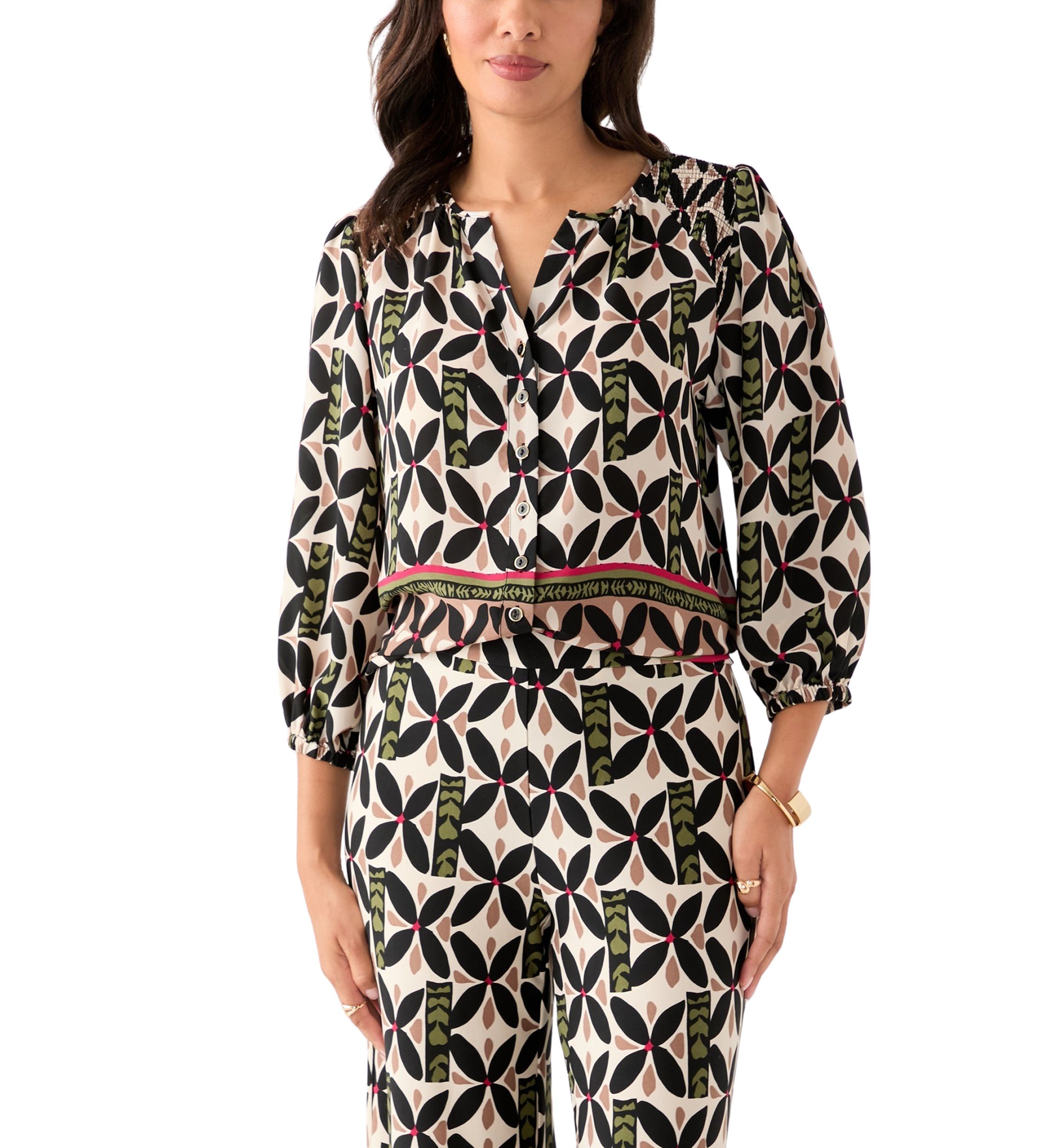 Womens Puff Sleeve Printed Split Neck Blouse