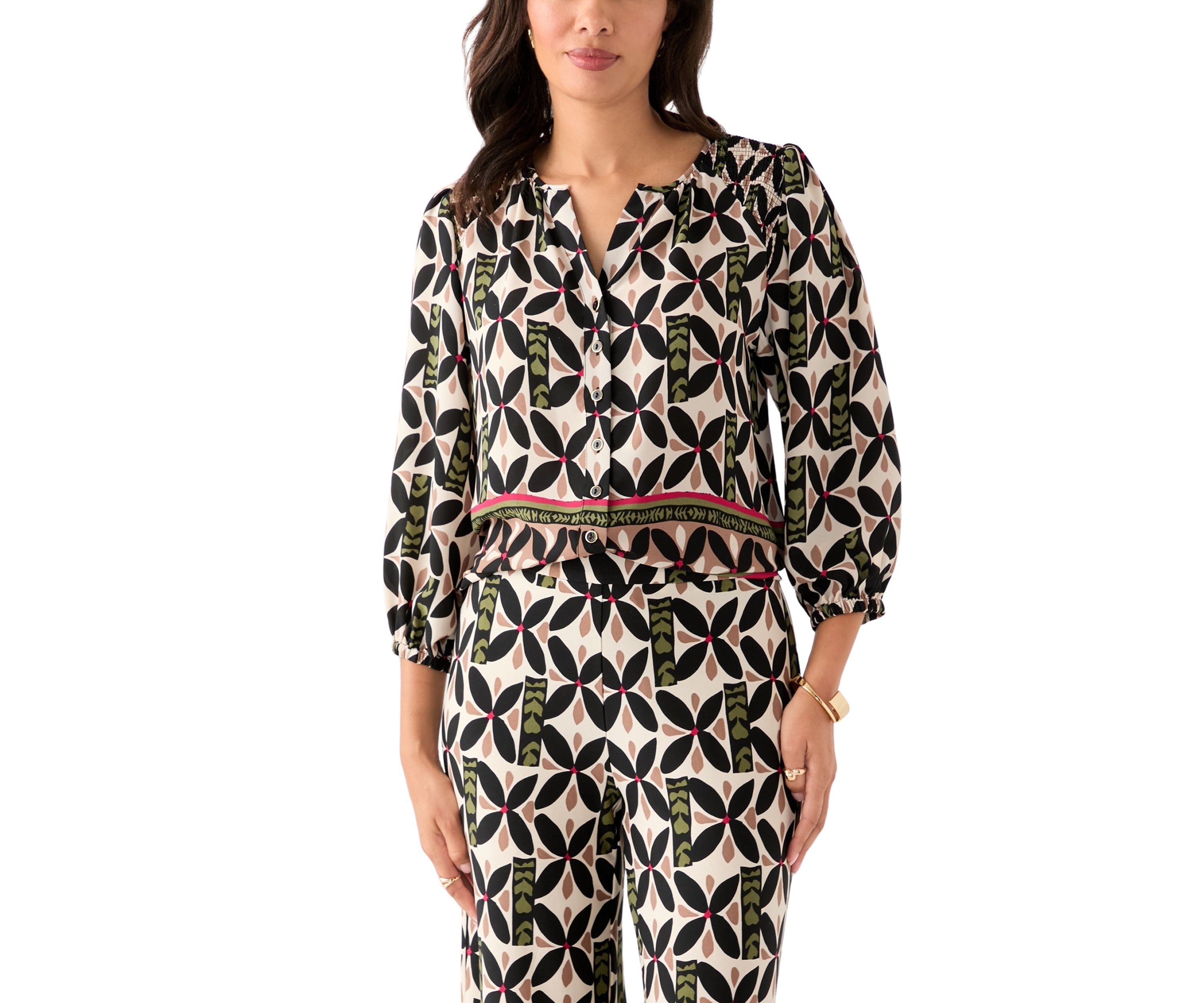 Womens Puff Sleeve Printed Split Neck Blouse
