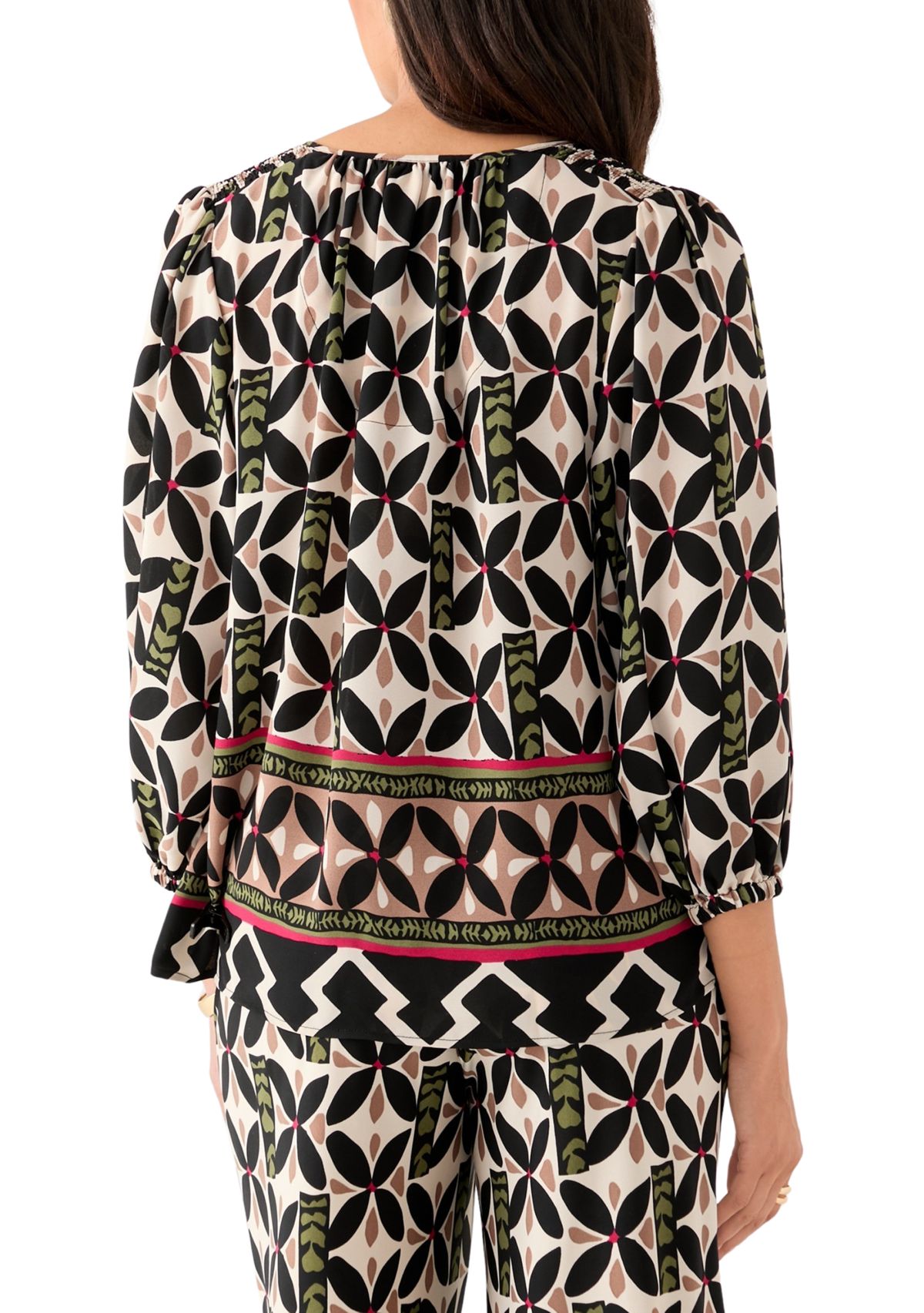 Womens Puff Sleeve Printed Split Neck Blouse
