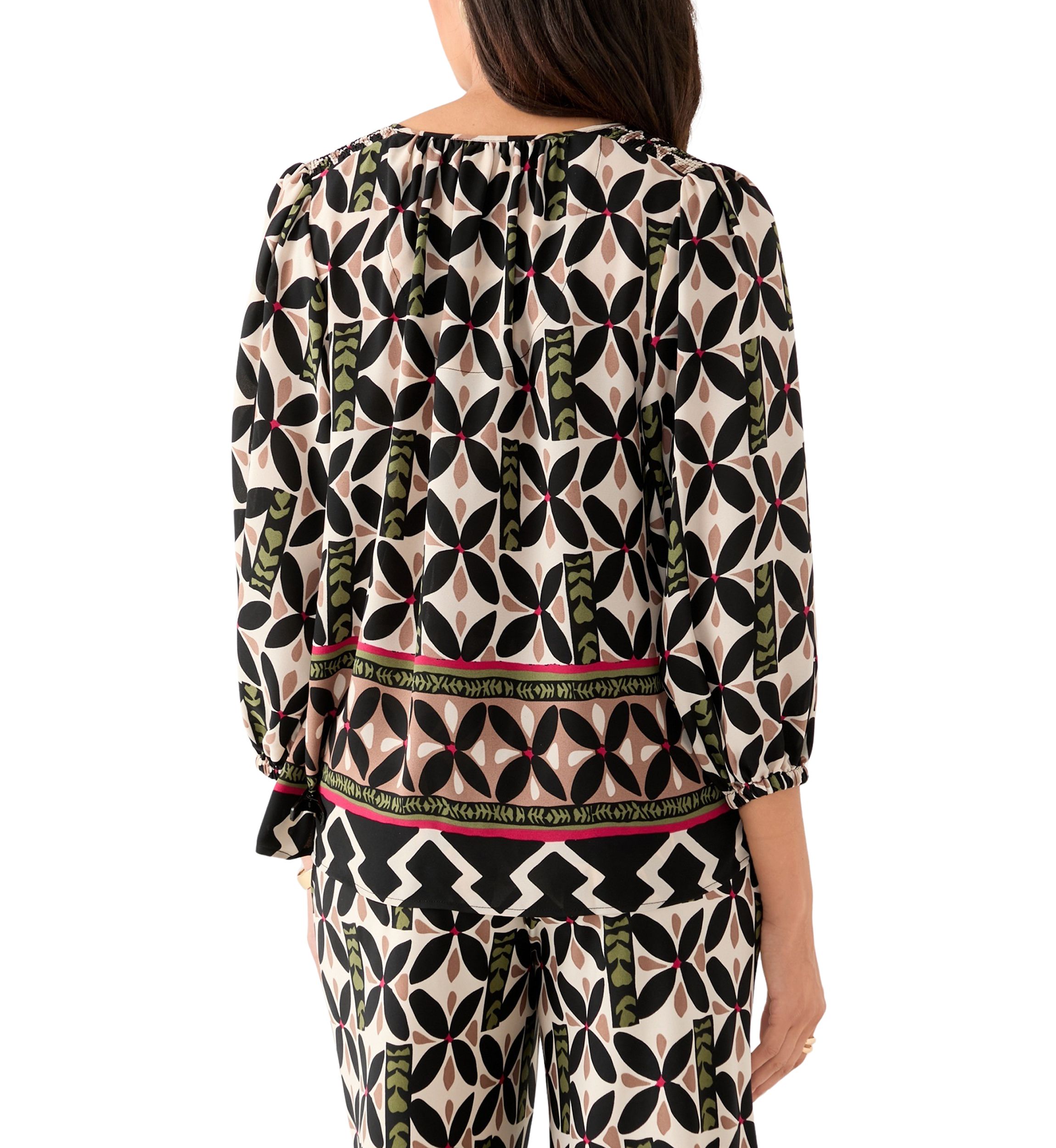 Womens Puff Sleeve Printed Split Neck Blouse