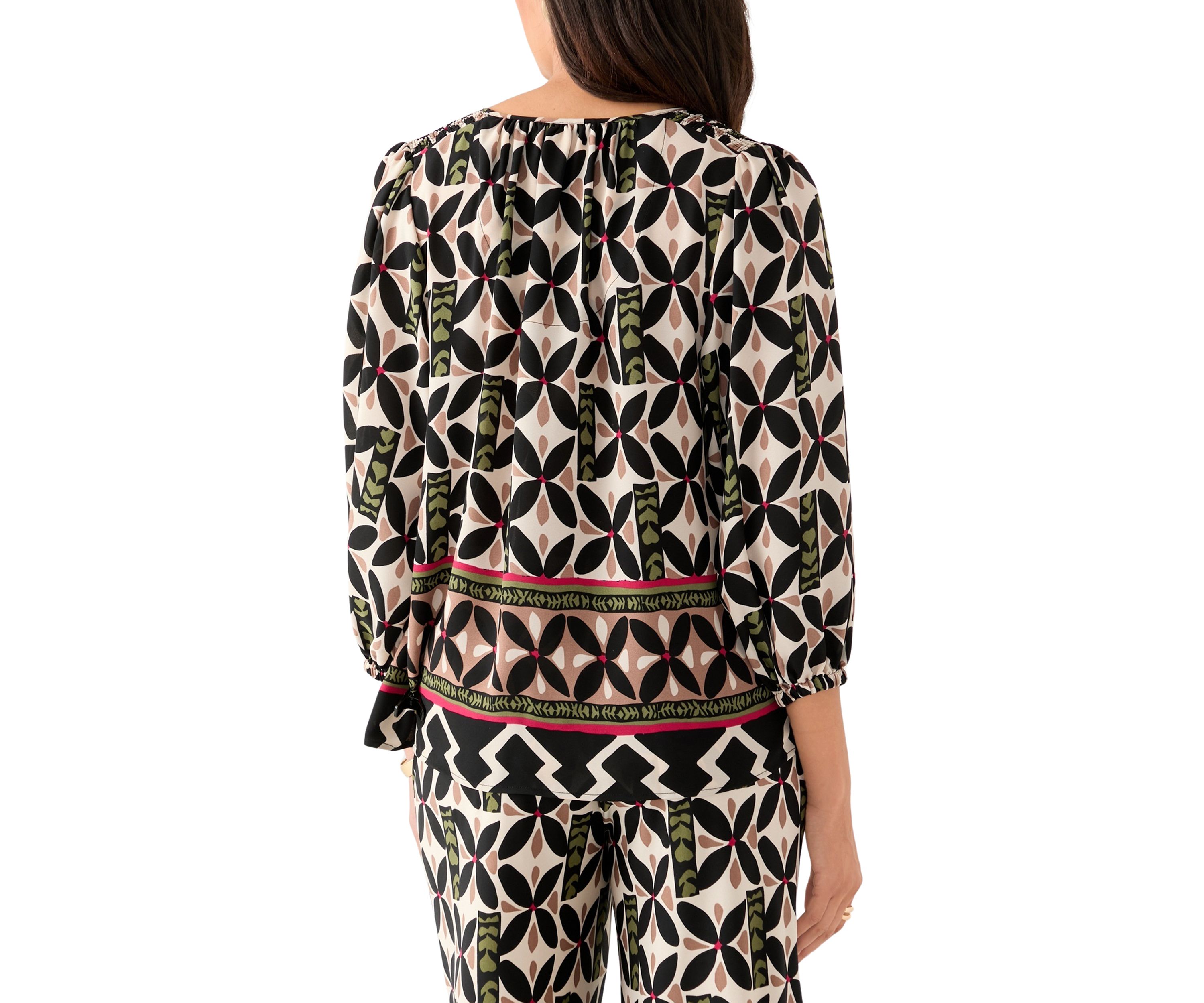 Womens Puff Sleeve Printed Split Neck Blouse