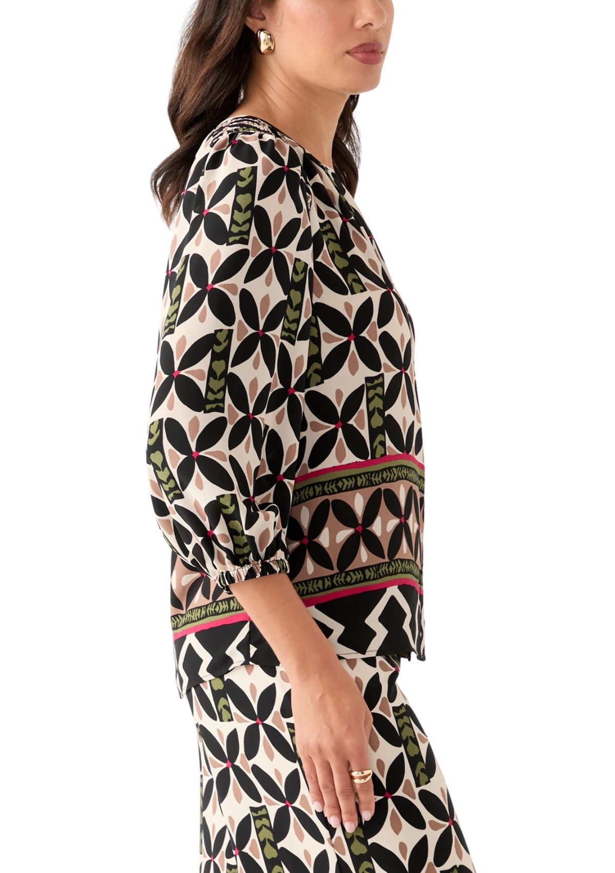 Womens Puff Sleeve Printed Split Neck Blouse