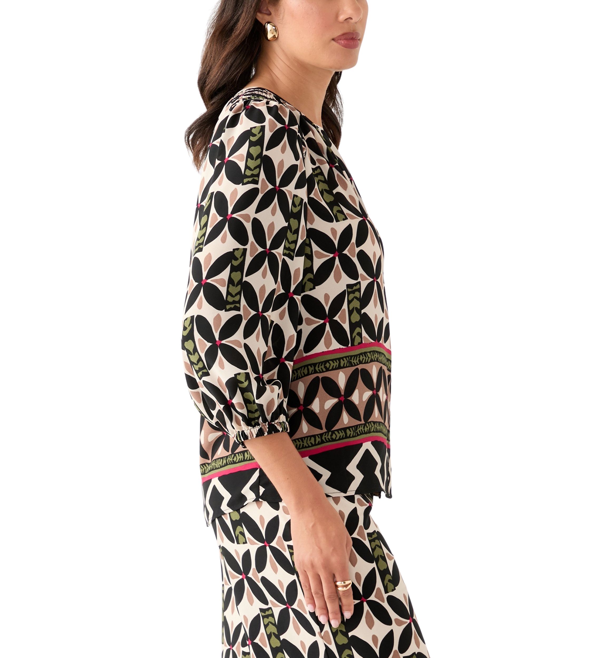 Womens Puff Sleeve Printed Split Neck Blouse