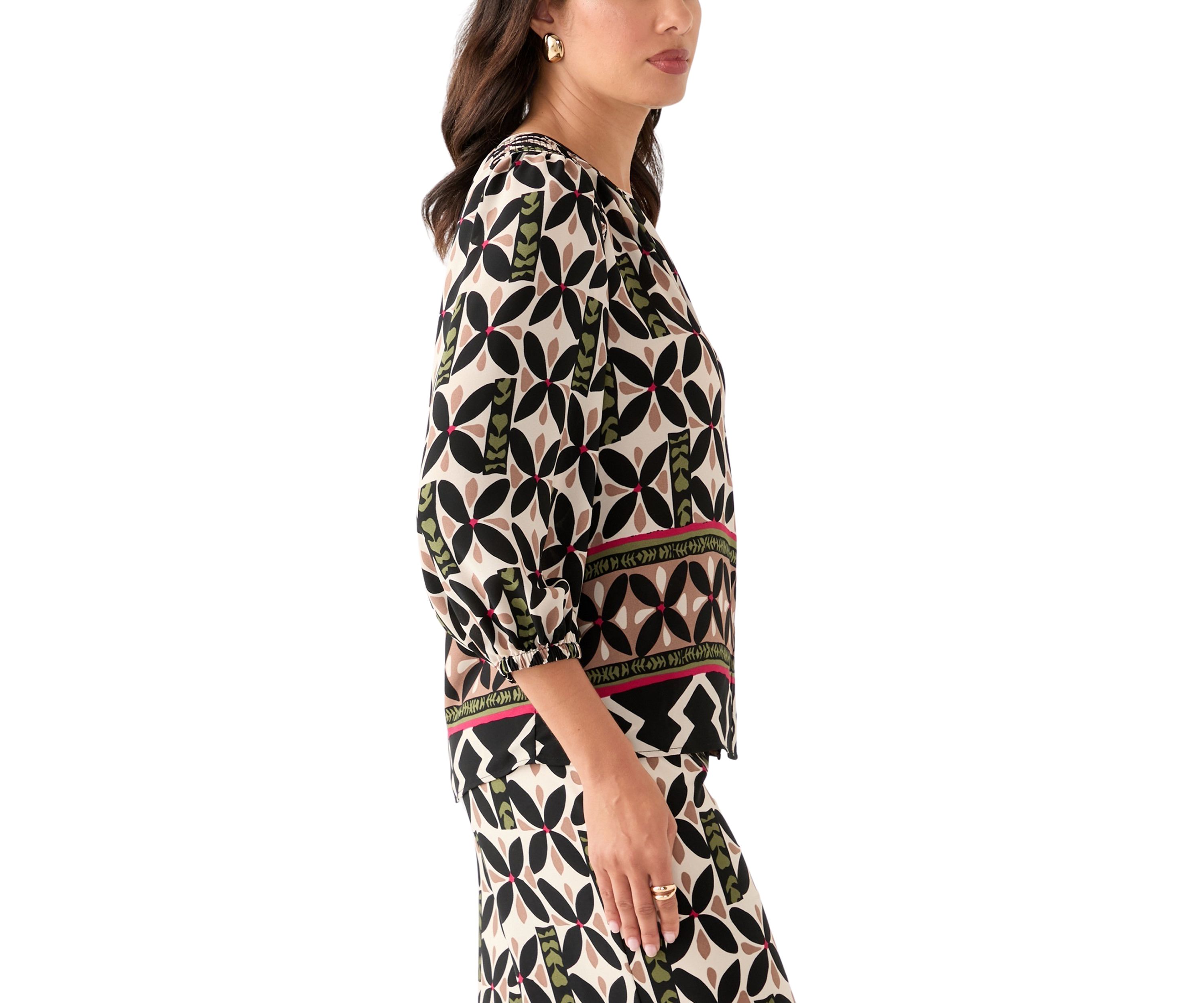 Womens Puff Sleeve Printed Split Neck Blouse