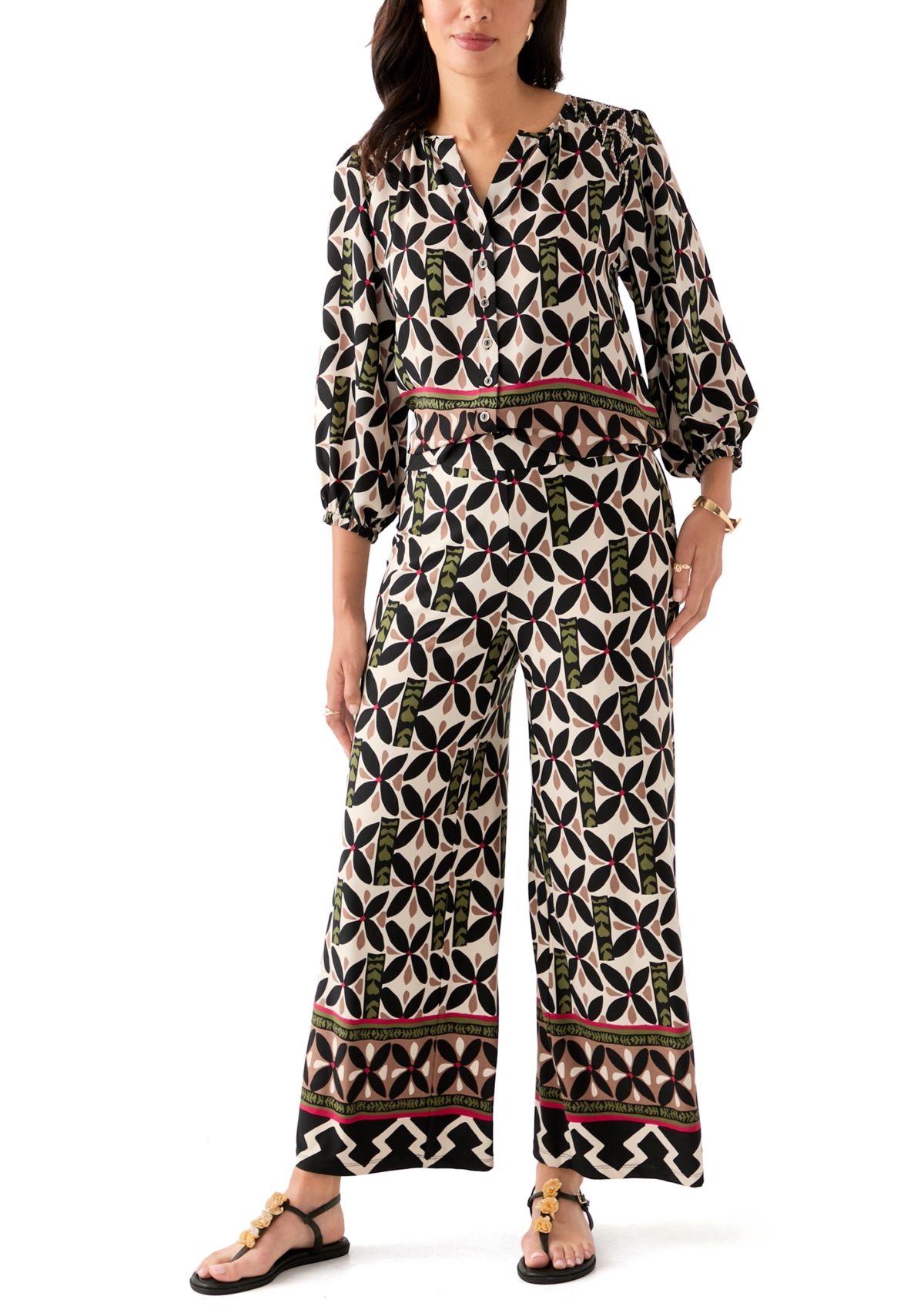 Womens Puff Sleeve Printed Split Neck Blouse