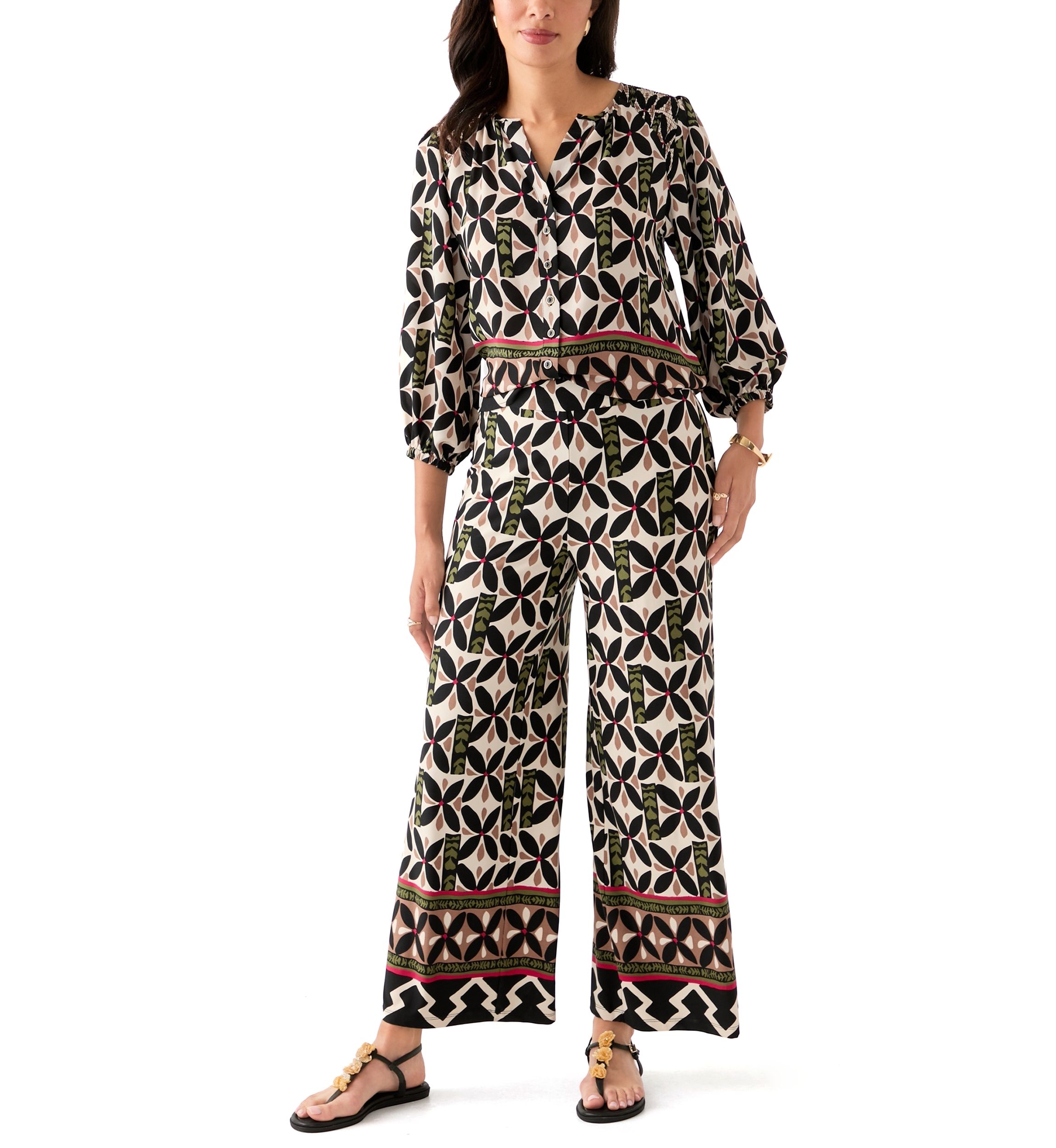 Womens Puff Sleeve Printed Split Neck Blouse