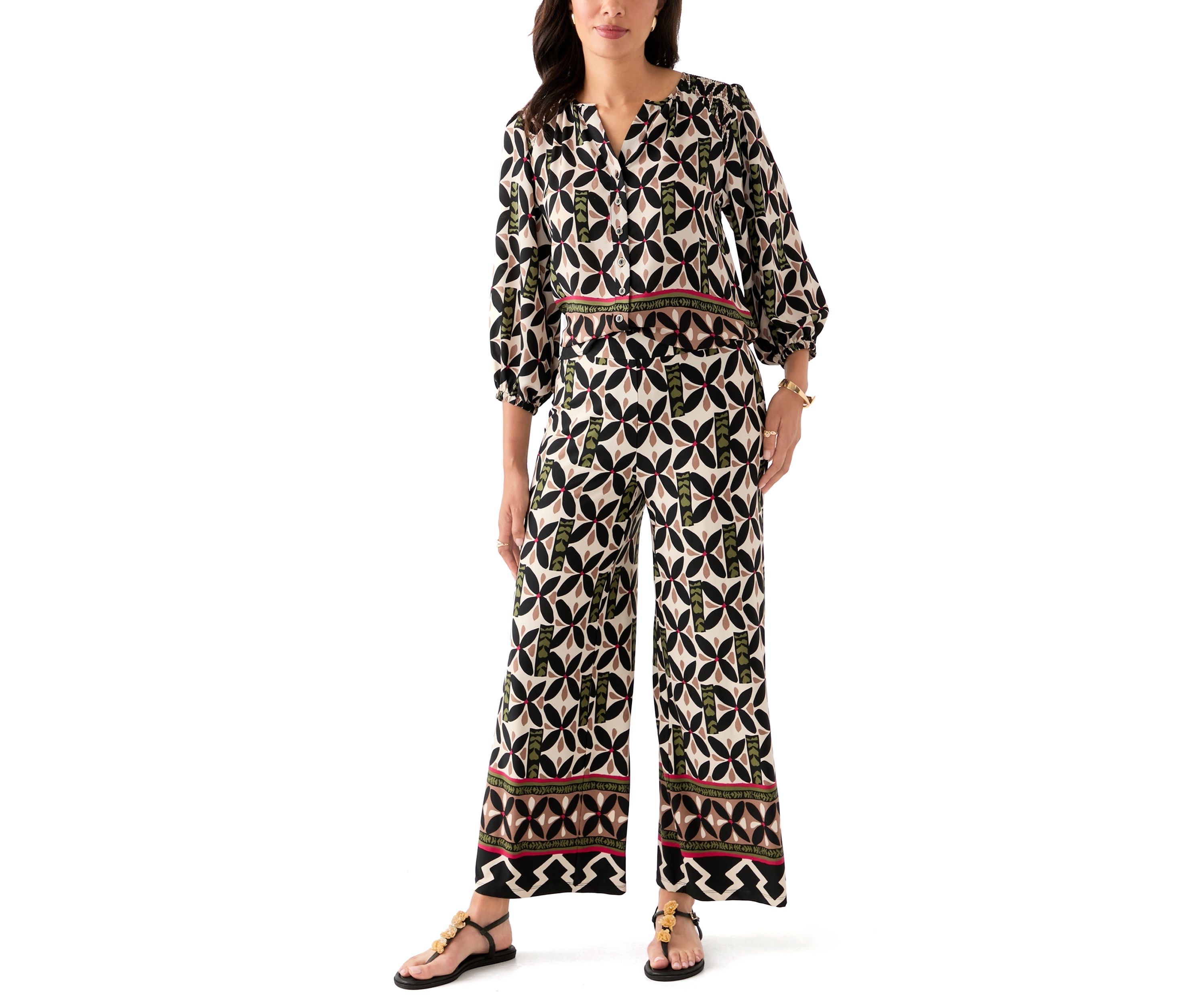 Womens Puff Sleeve Printed Split Neck Blouse