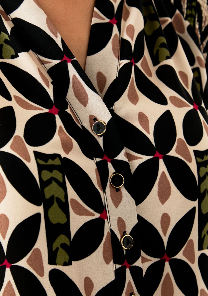 Womens Puff Sleeve Printed Split Neck Blouse