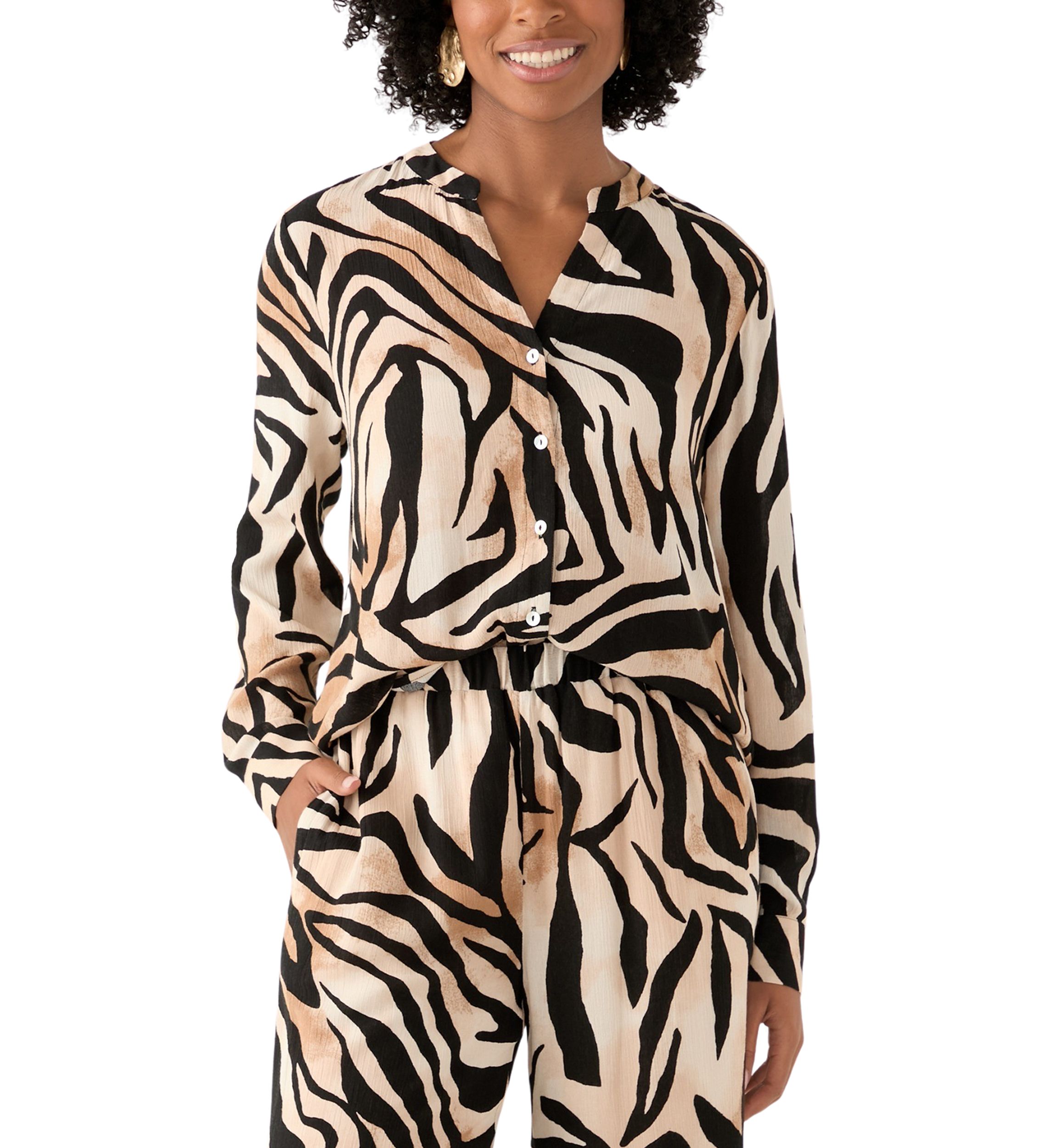 Womens Zebra Printed Button Front Split Neck Blouse